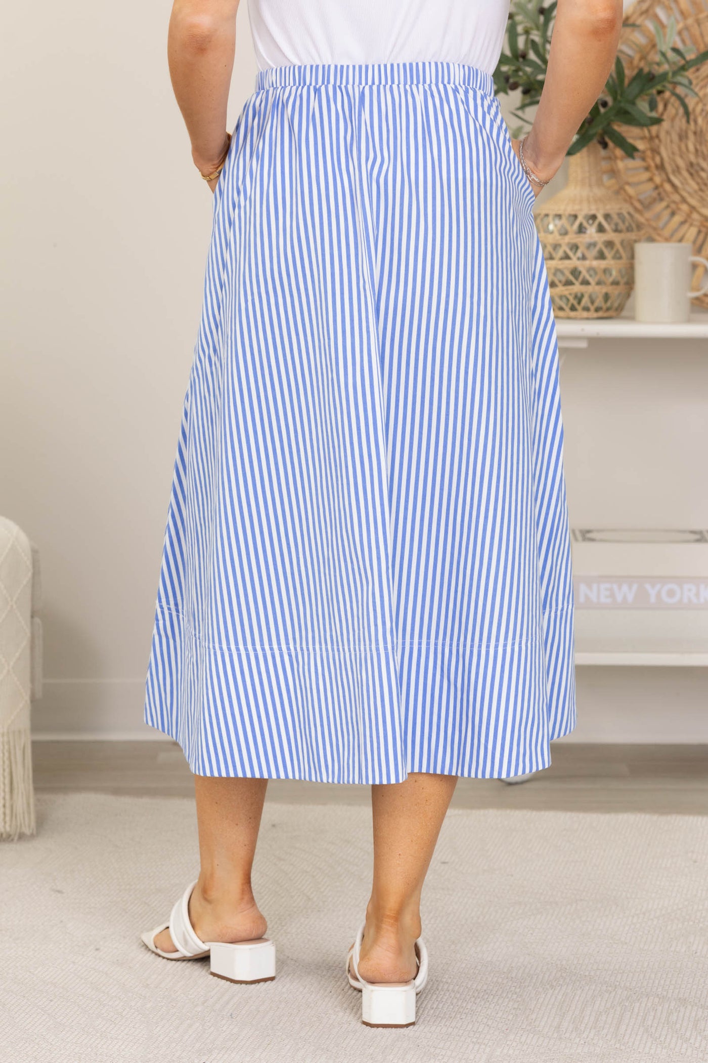Cornflower Striped Elastic Waist Midi Skirt