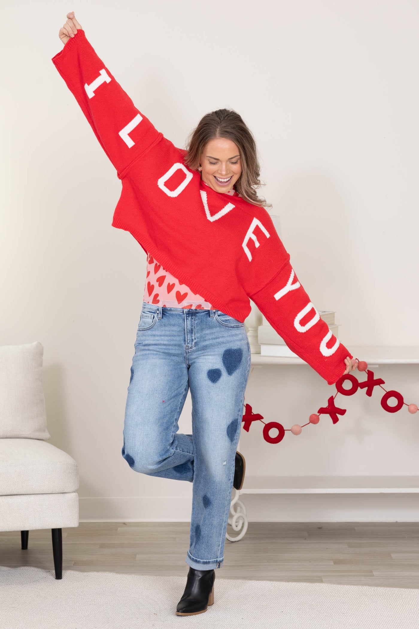 Red I Love You Knit Top