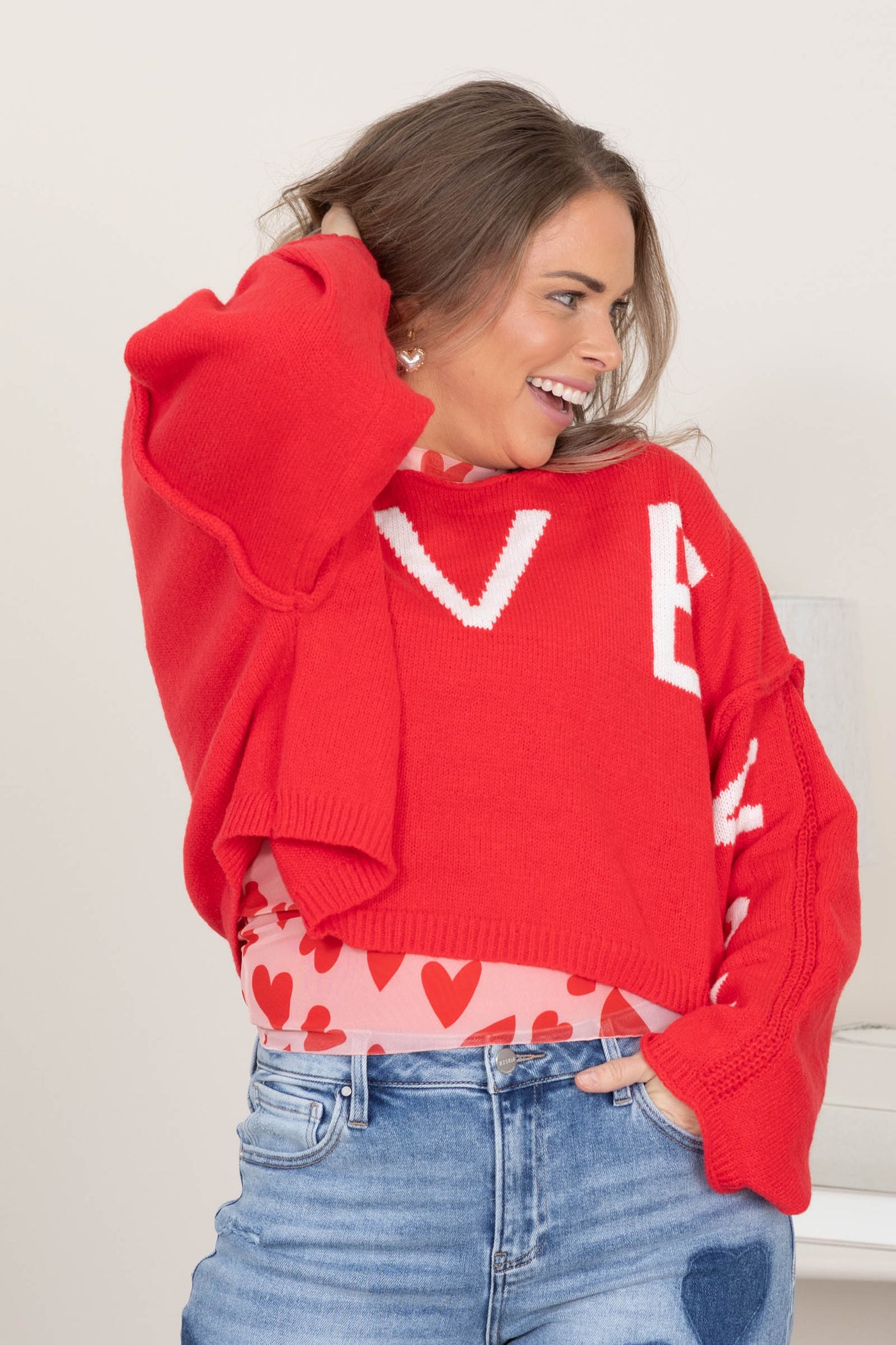 Red I Love You Knit Top