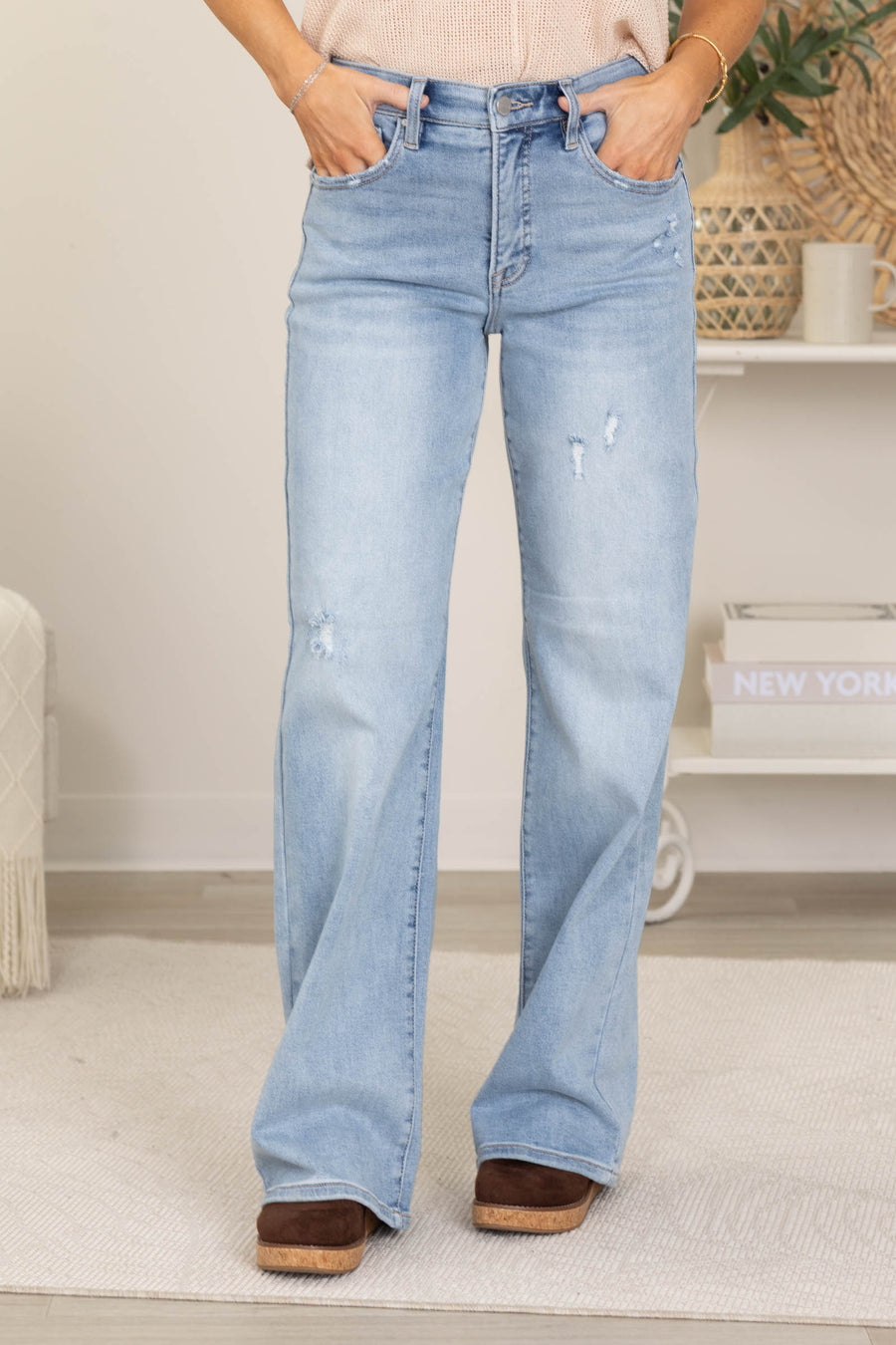 Risen Tummy Control Elastic Band Wide Leg Jeans