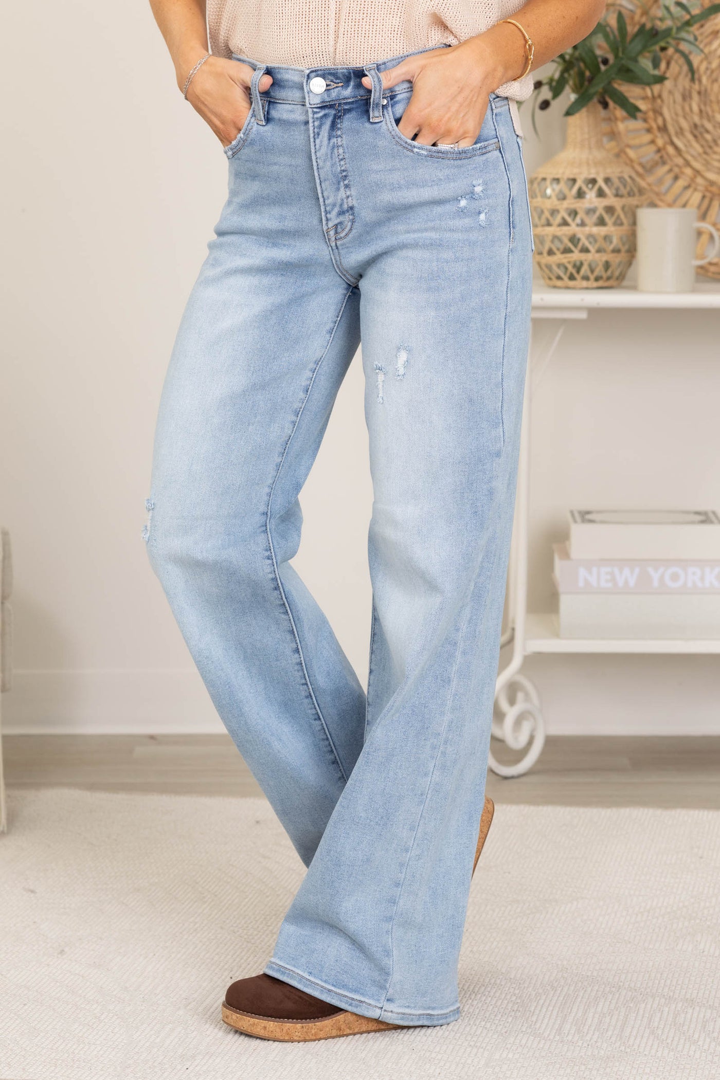 Risen Tummy Control Elastic Band Wide Leg Jeans