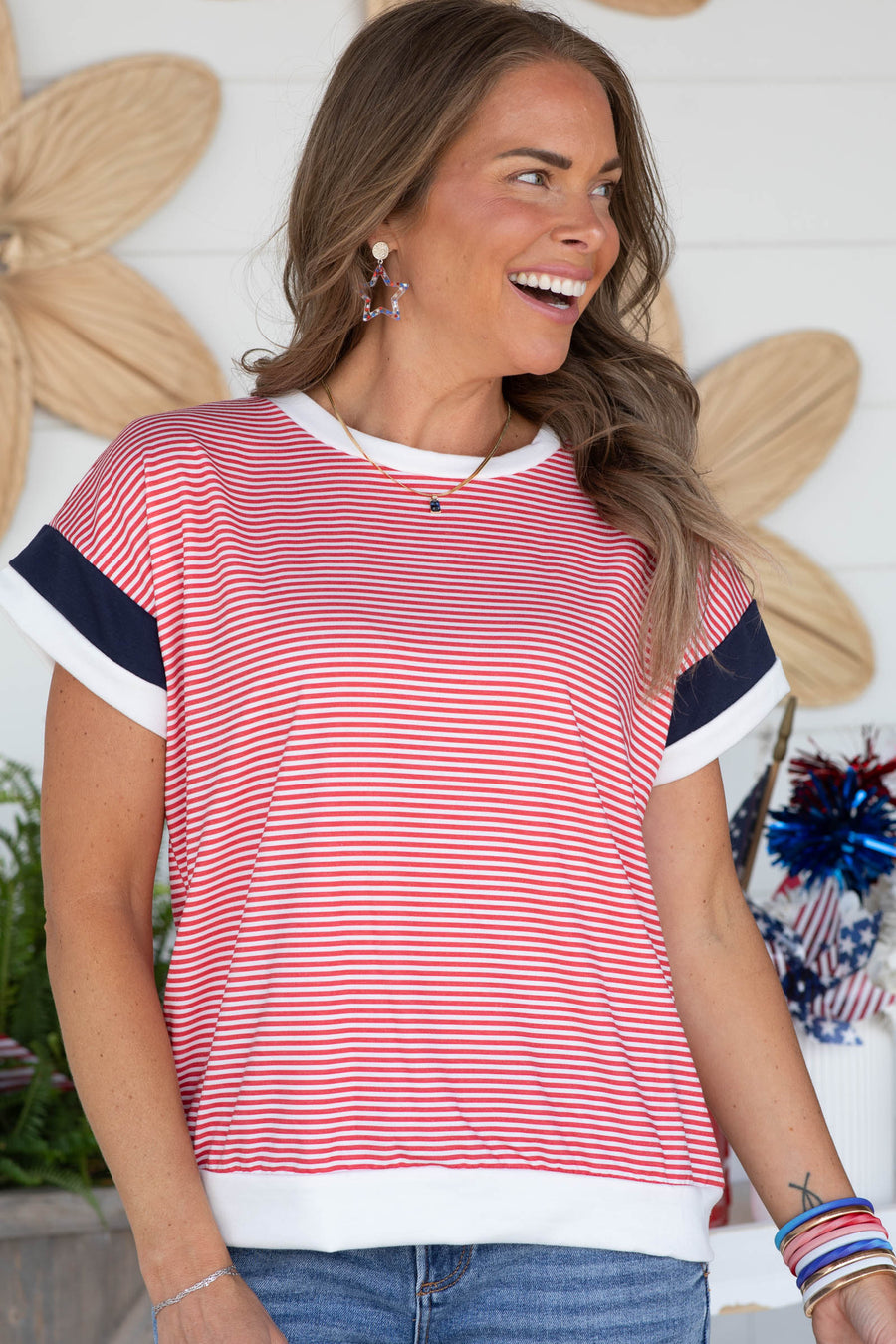 Red Stripe Americana Spirit Contrast Knit Tee