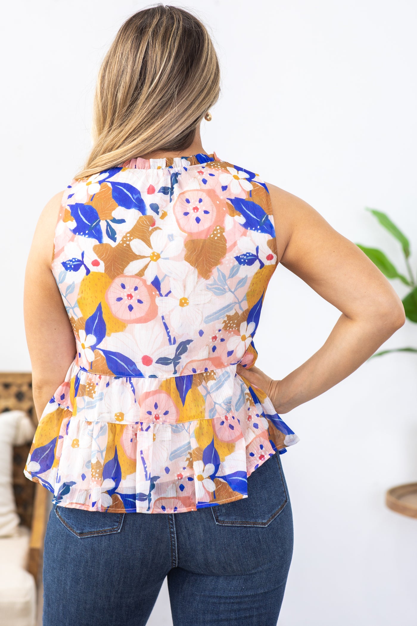 Copper and Navy Tiered Floral Lined Woven Top