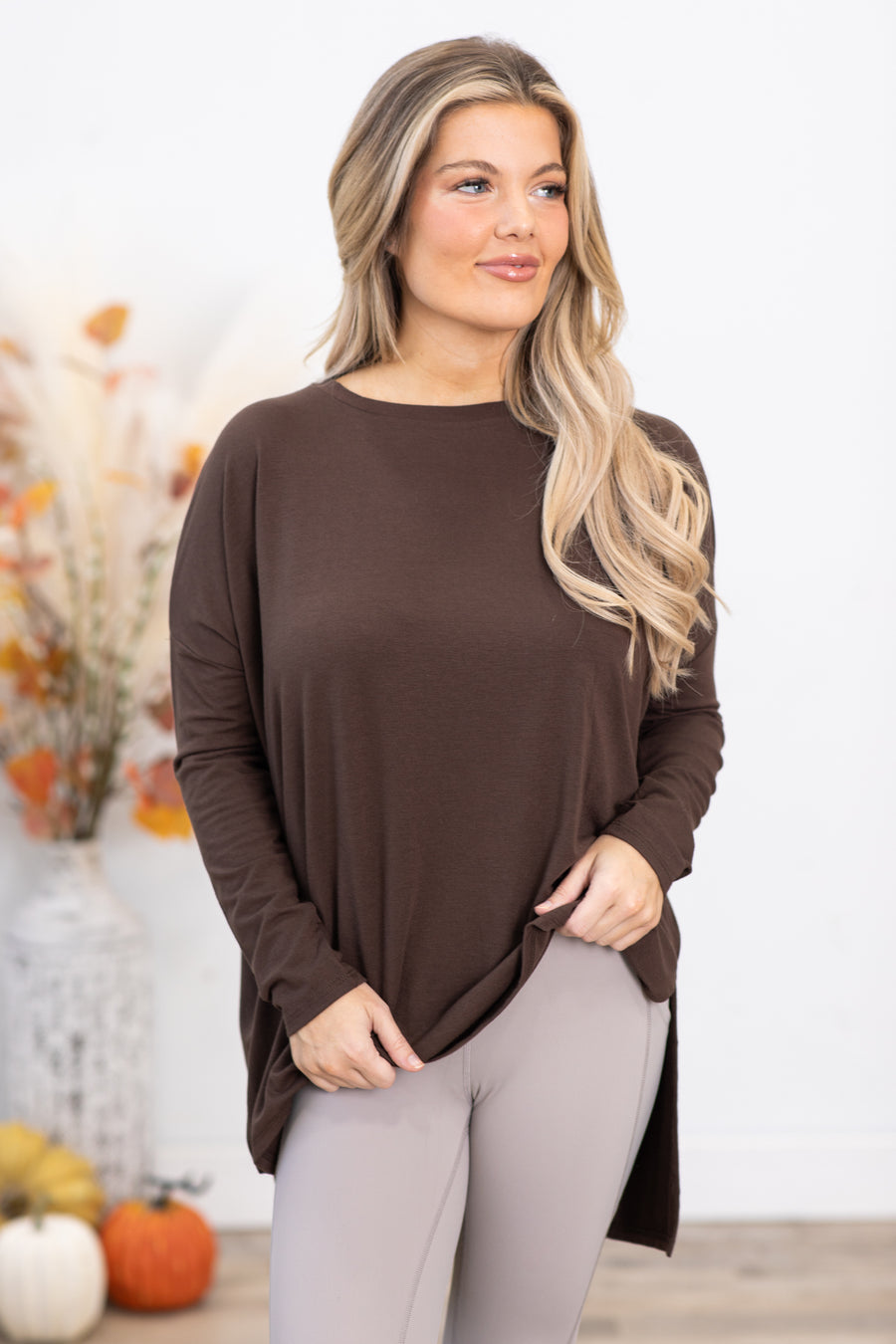 Brown Dolman Sleeve Top With Side Slit