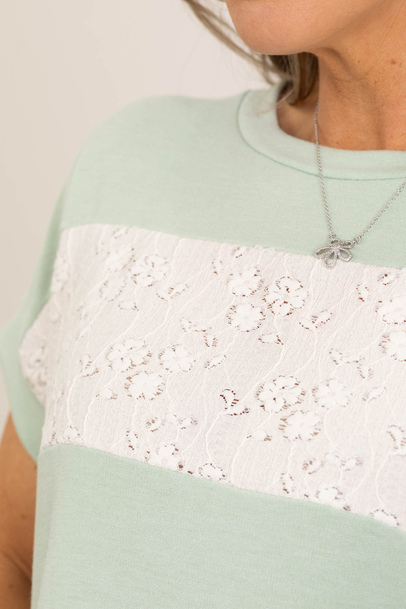 Mint Block Stripe Lace Detail Knit Top