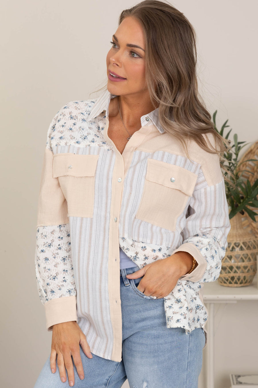 Beige Floral And Stripe Button Up Top