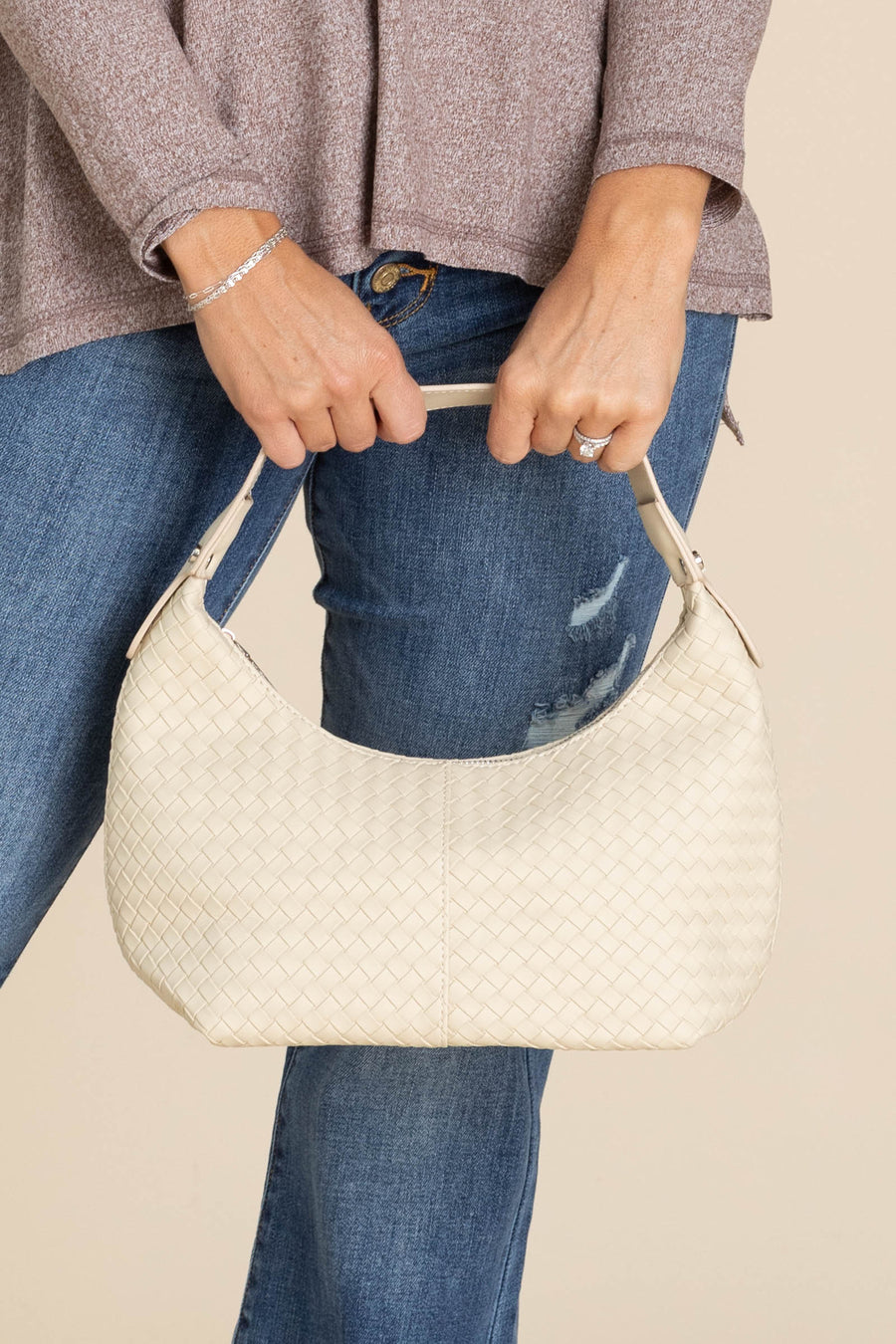 Beige Woven Weave Shoulder Bag