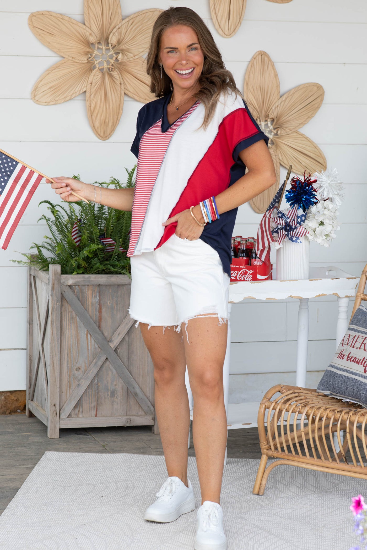 Navy And Red Brave Patchwork V-Neck Knit Top