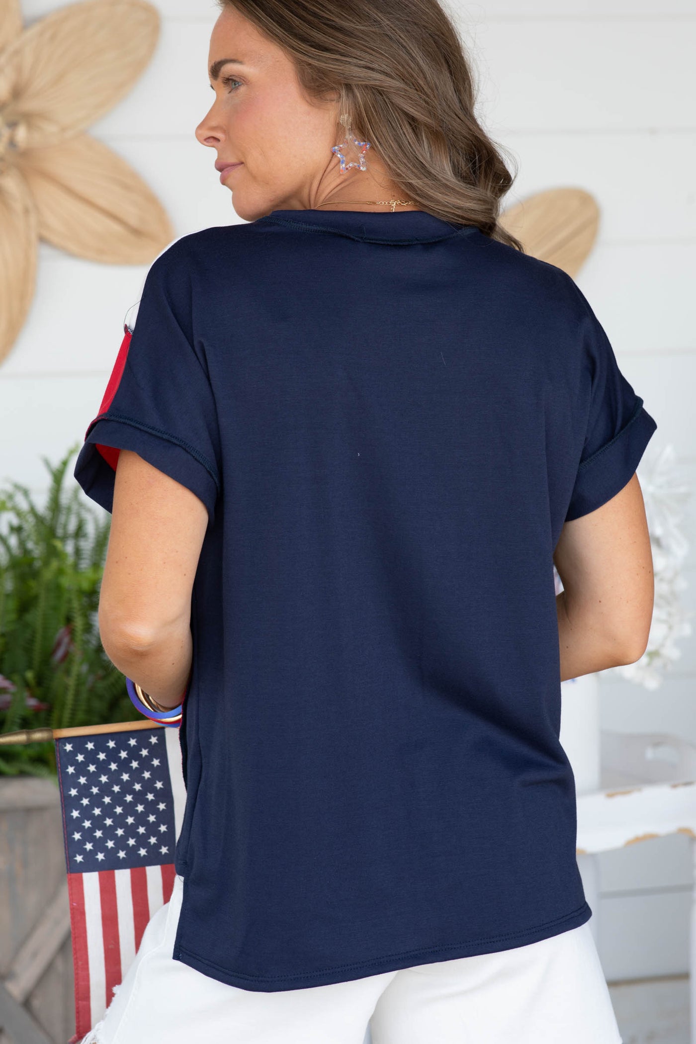 Navy And Red Brave Patchwork V-Neck Knit Top
