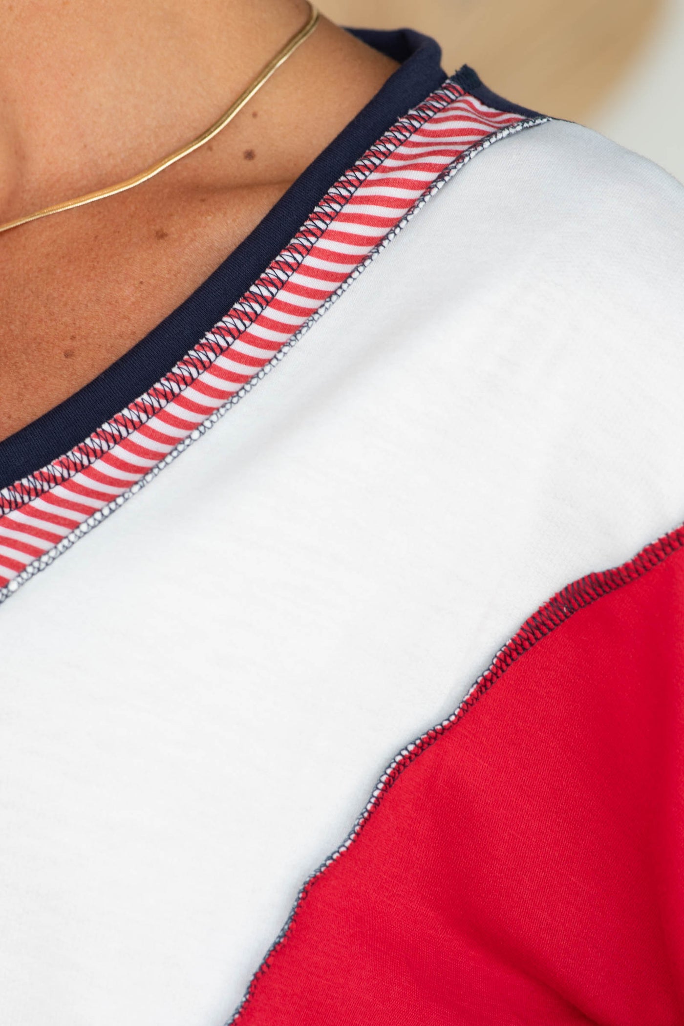 Navy And Red Brave Patchwork V-Neck Knit Top