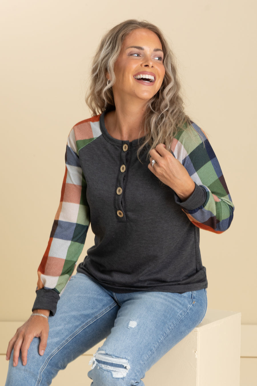 Charcoal Plaid Long Sleeve Knit Top