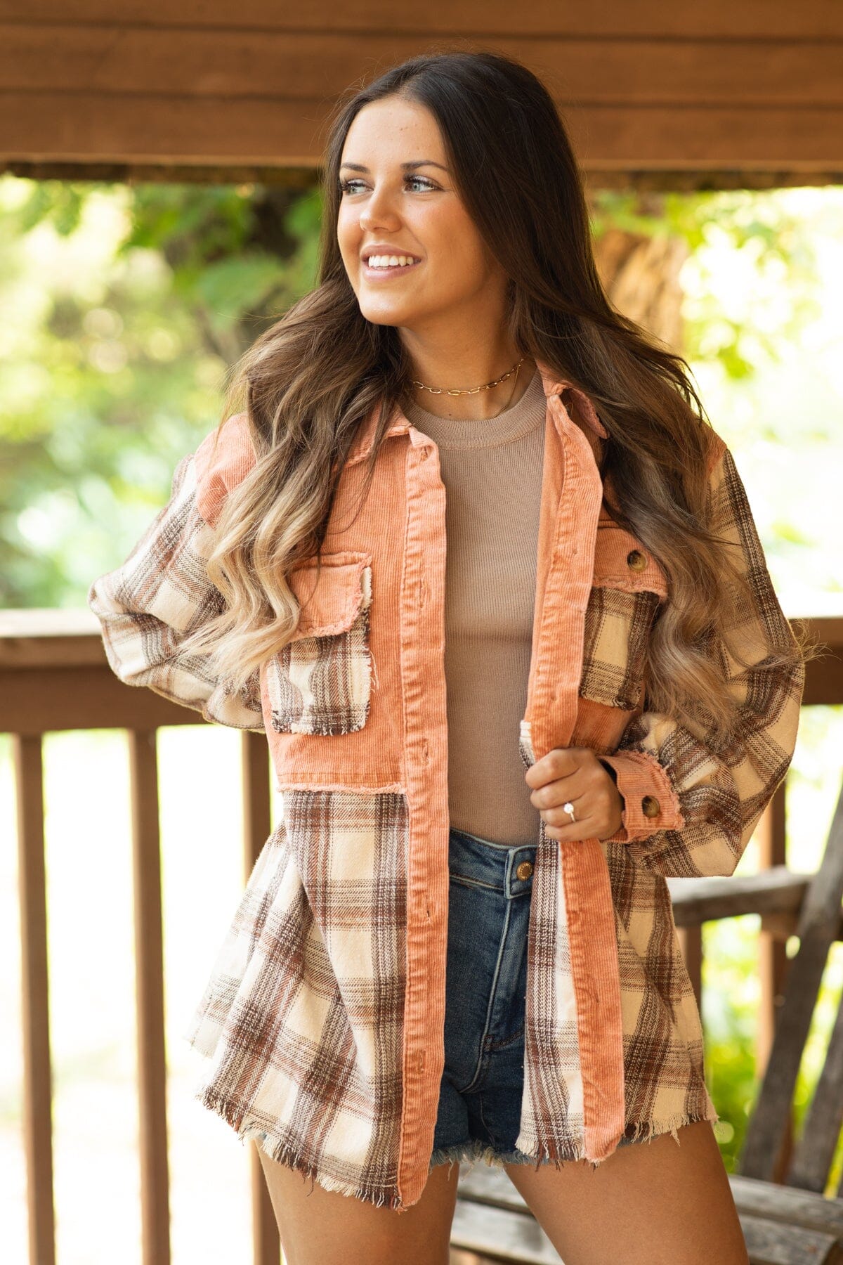 Rust and Brown Colorblock Plaid Shacket - Filly Flair