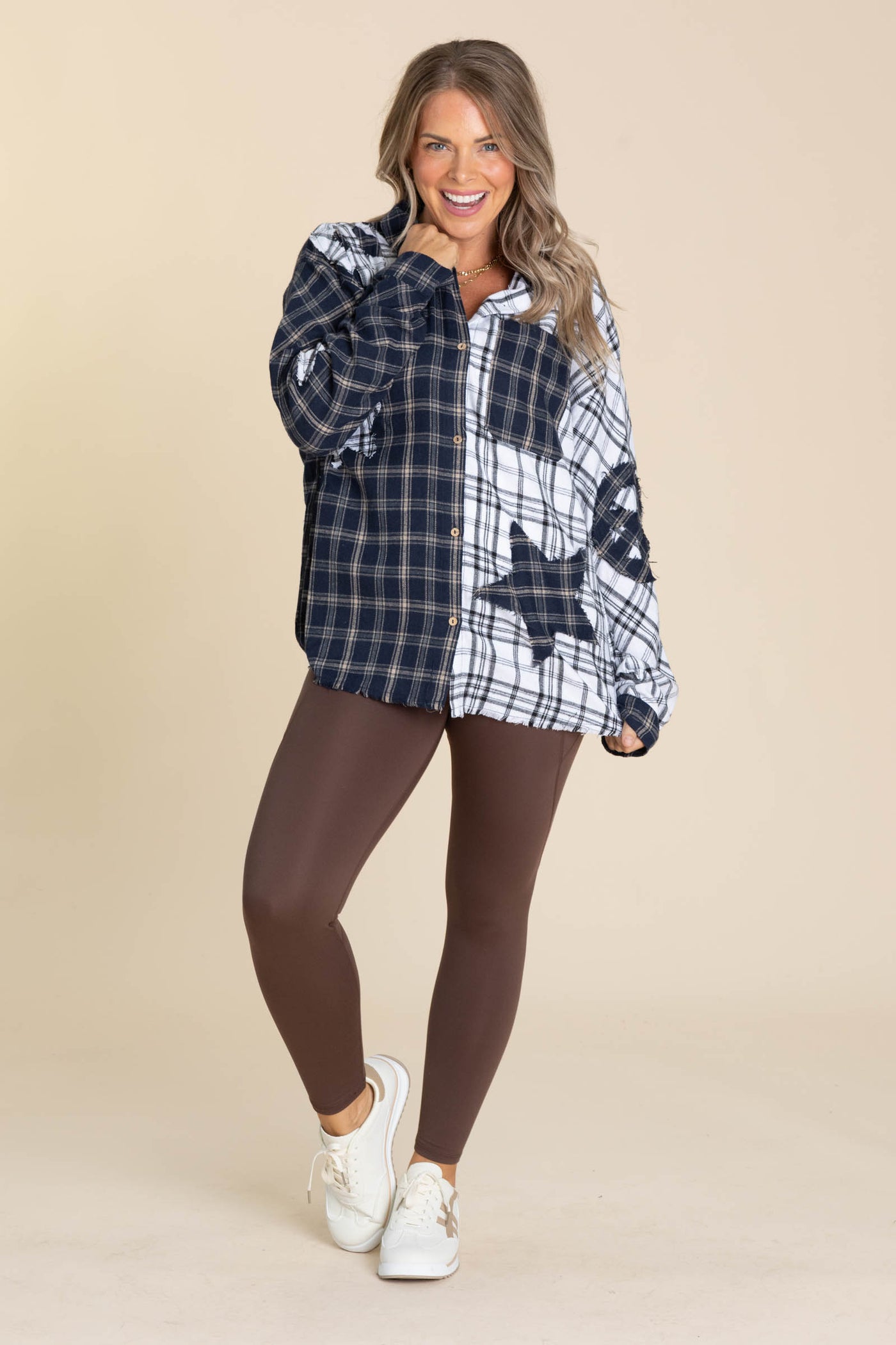 Navy And White Plaid Star Patch Button Up
