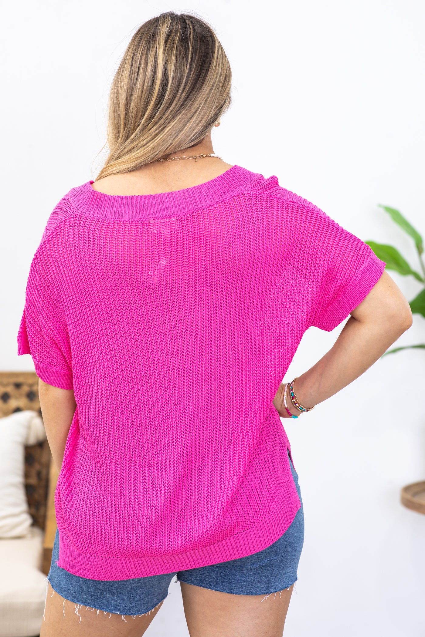 Hot Pink Lightweight V-Neck Sweater Top