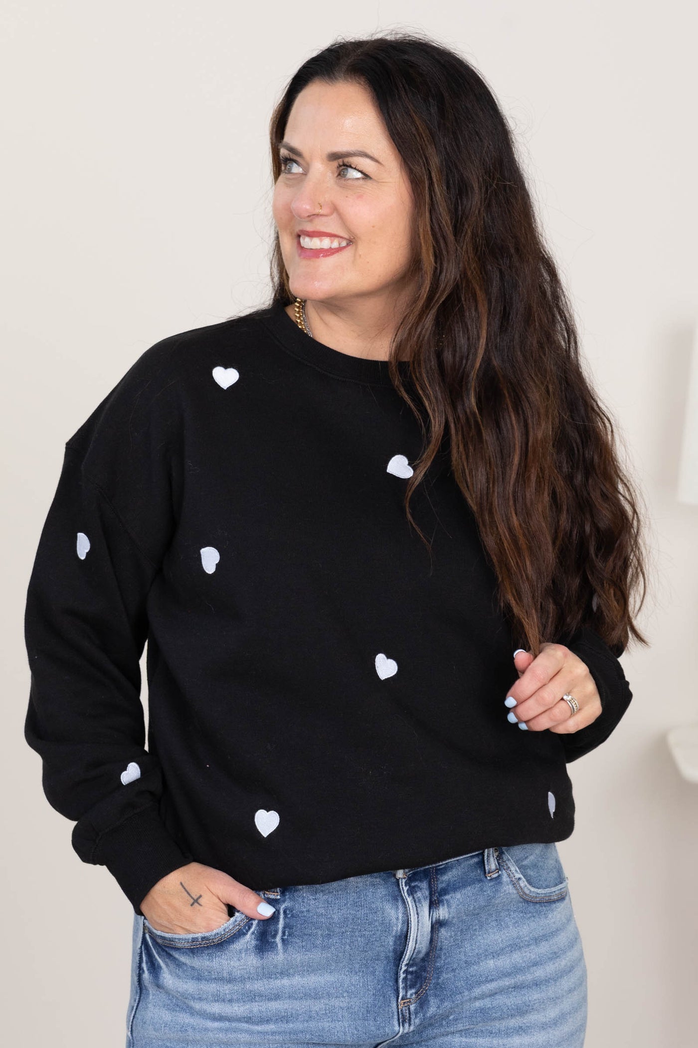 Heart Embroidery Fleece Crewneck Sweatshirts