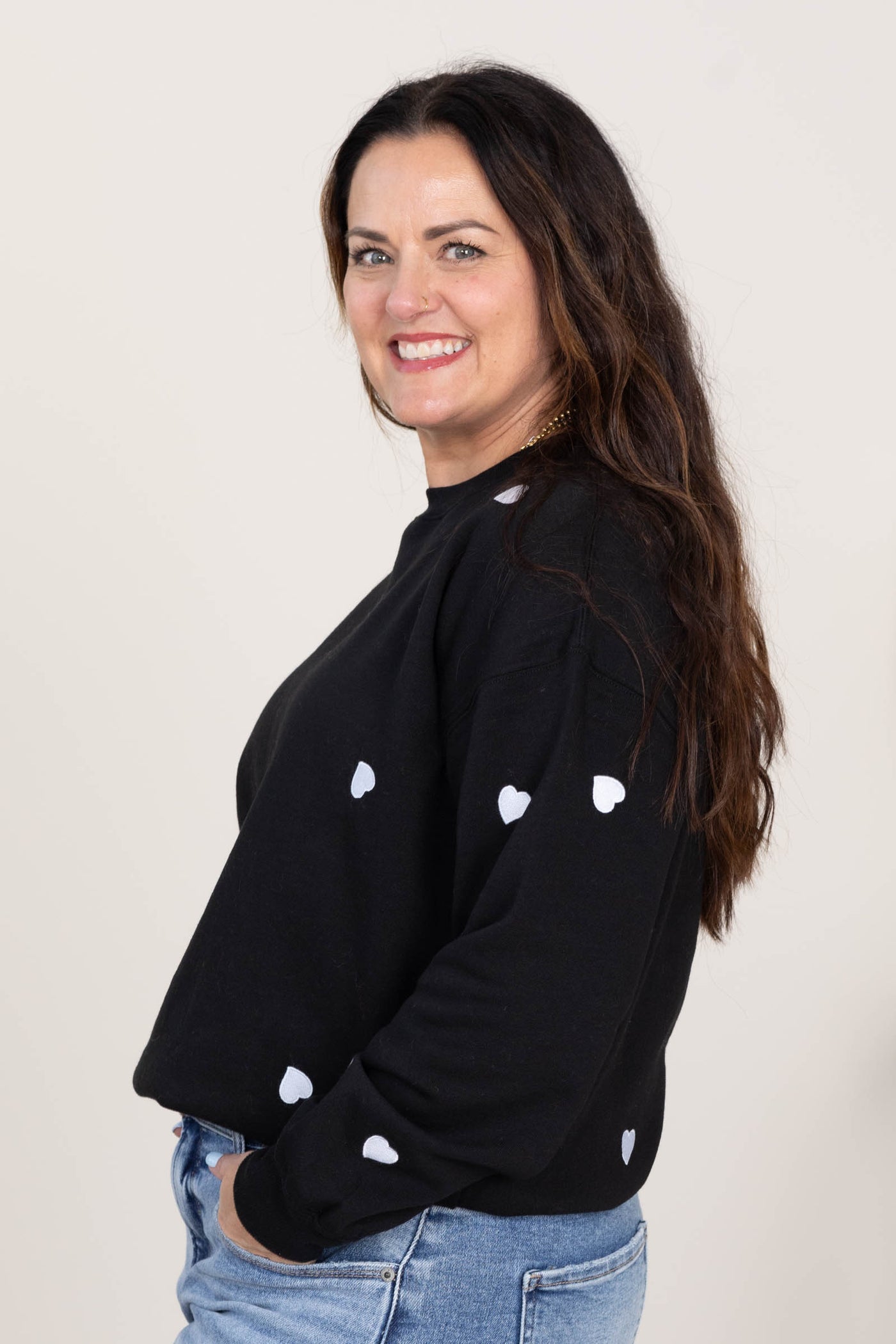 Heart Embroidery Fleece Crewneck Sweatshirts