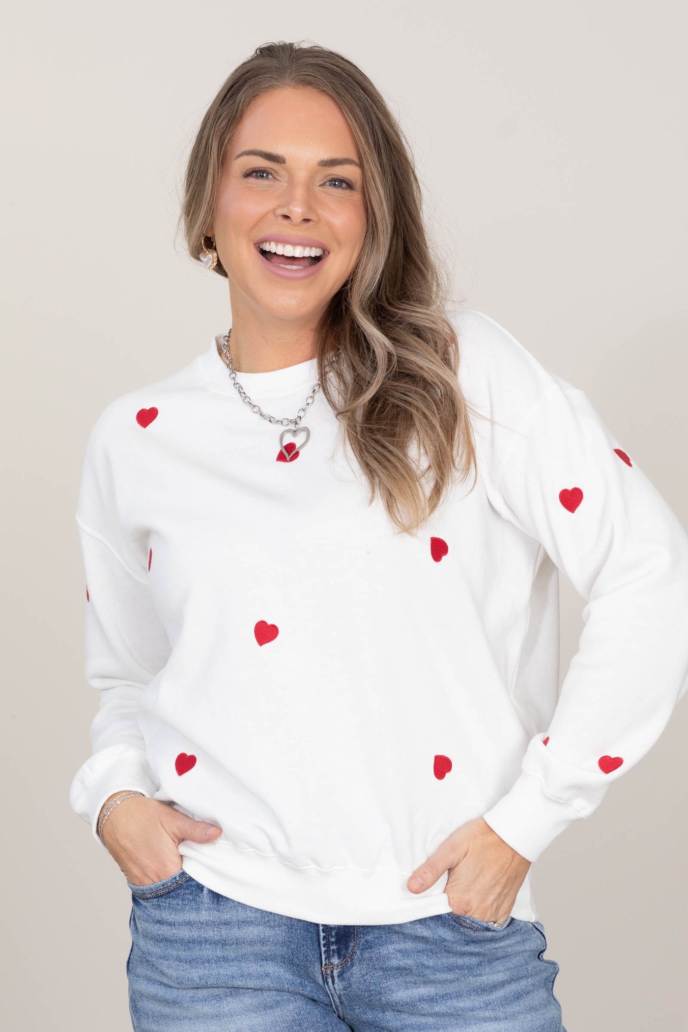 Heart Embroidery Fleece Crewneck Sweatshirts