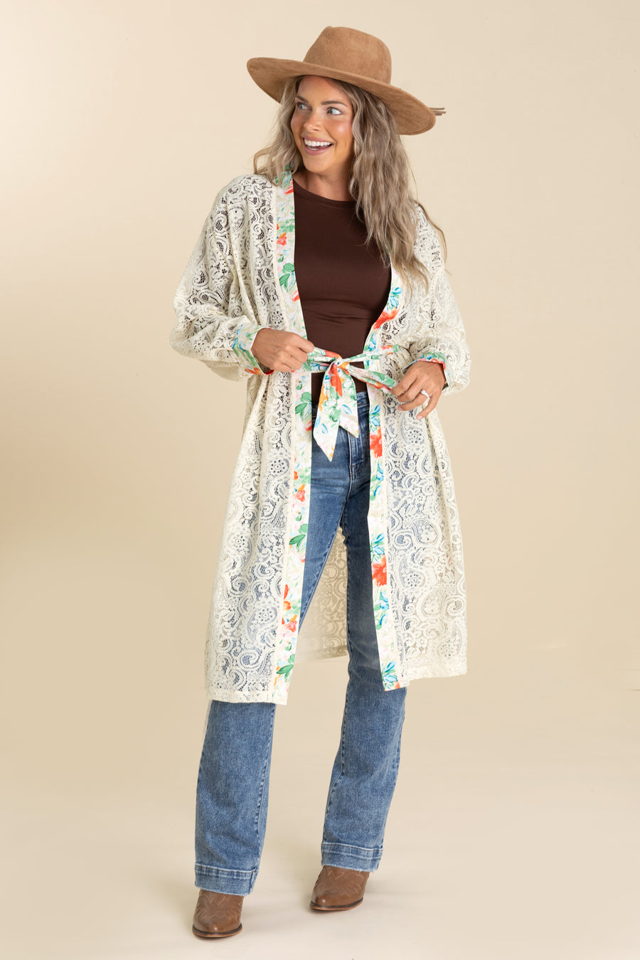 Lace Cardigans With Tie Waist Belt