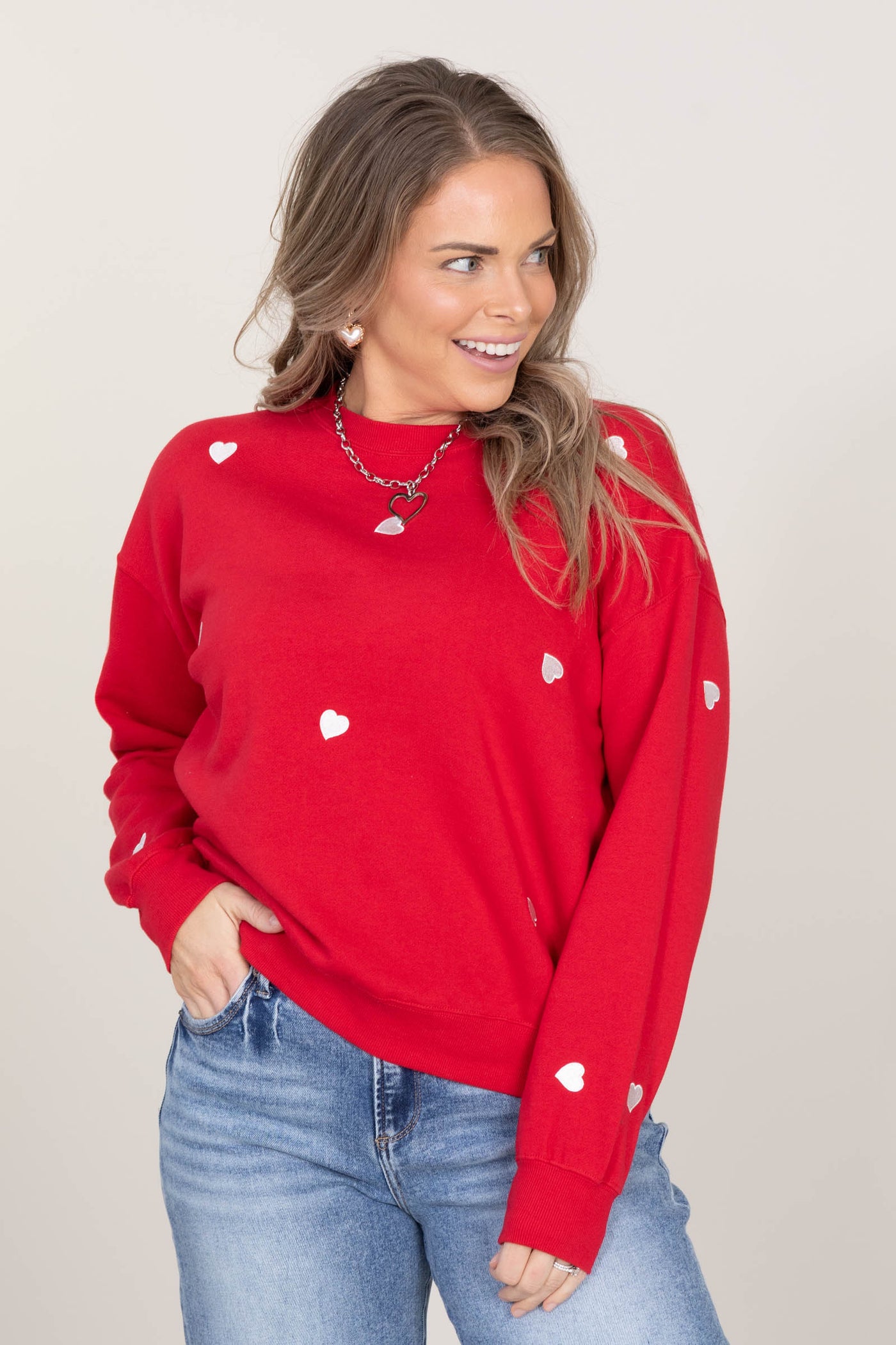 Heart Embroidery Fleece Crewneck Sweatshirts