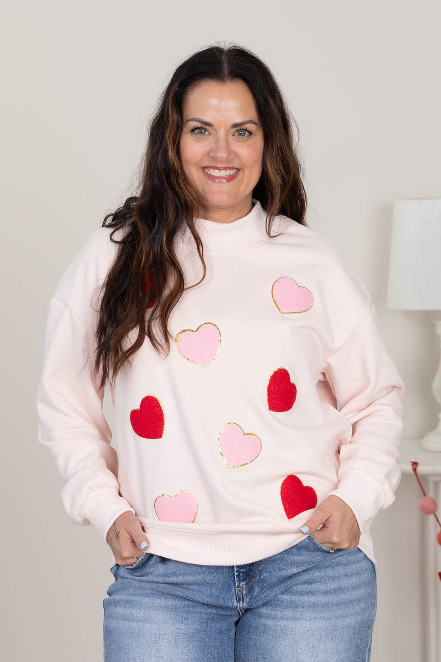 Baby Pink Mock Neck Glitter Trim Hearts Sweatshirt