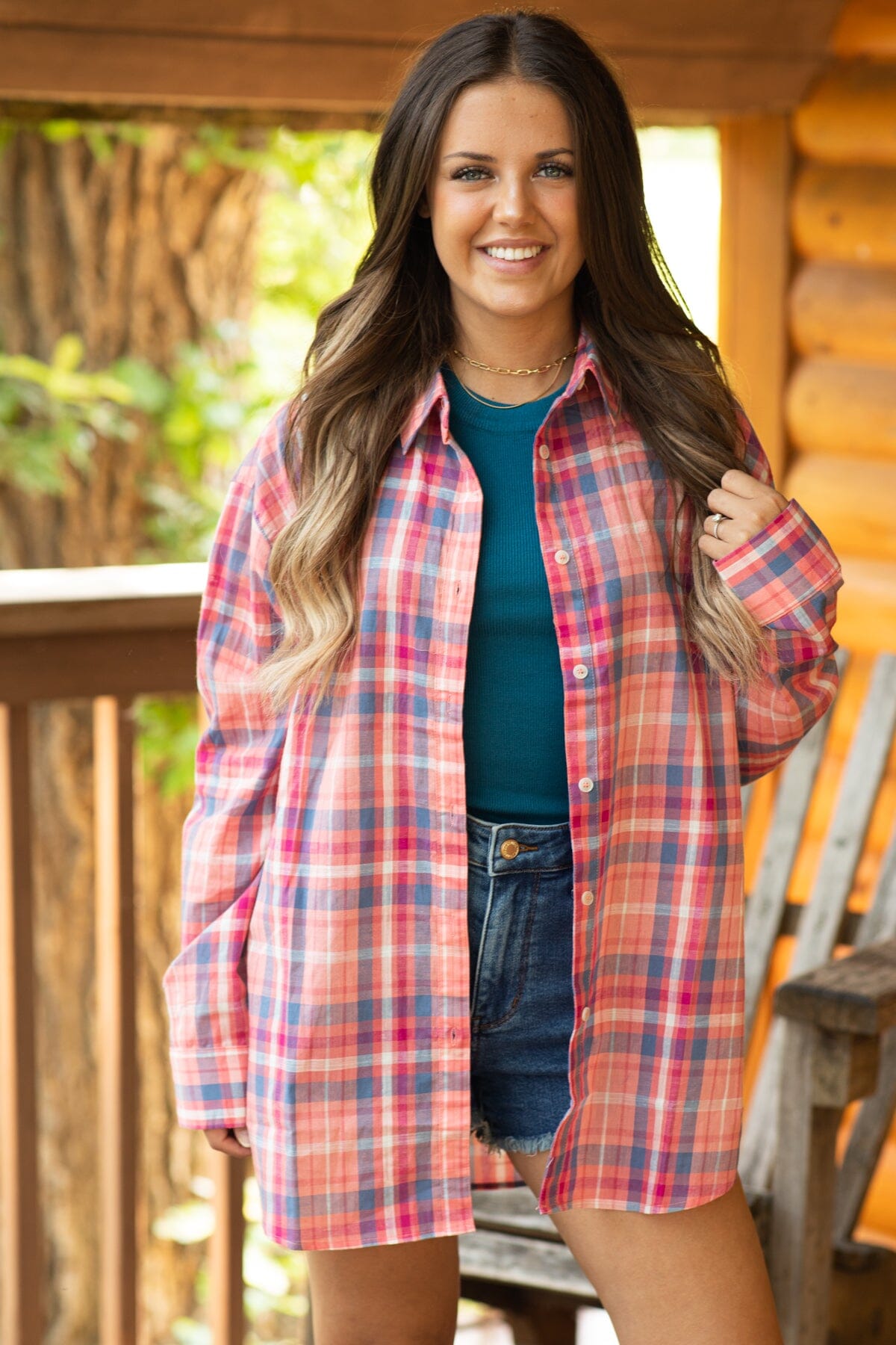 Salmon and Purple Plaid Button Up Top - Filly Flair