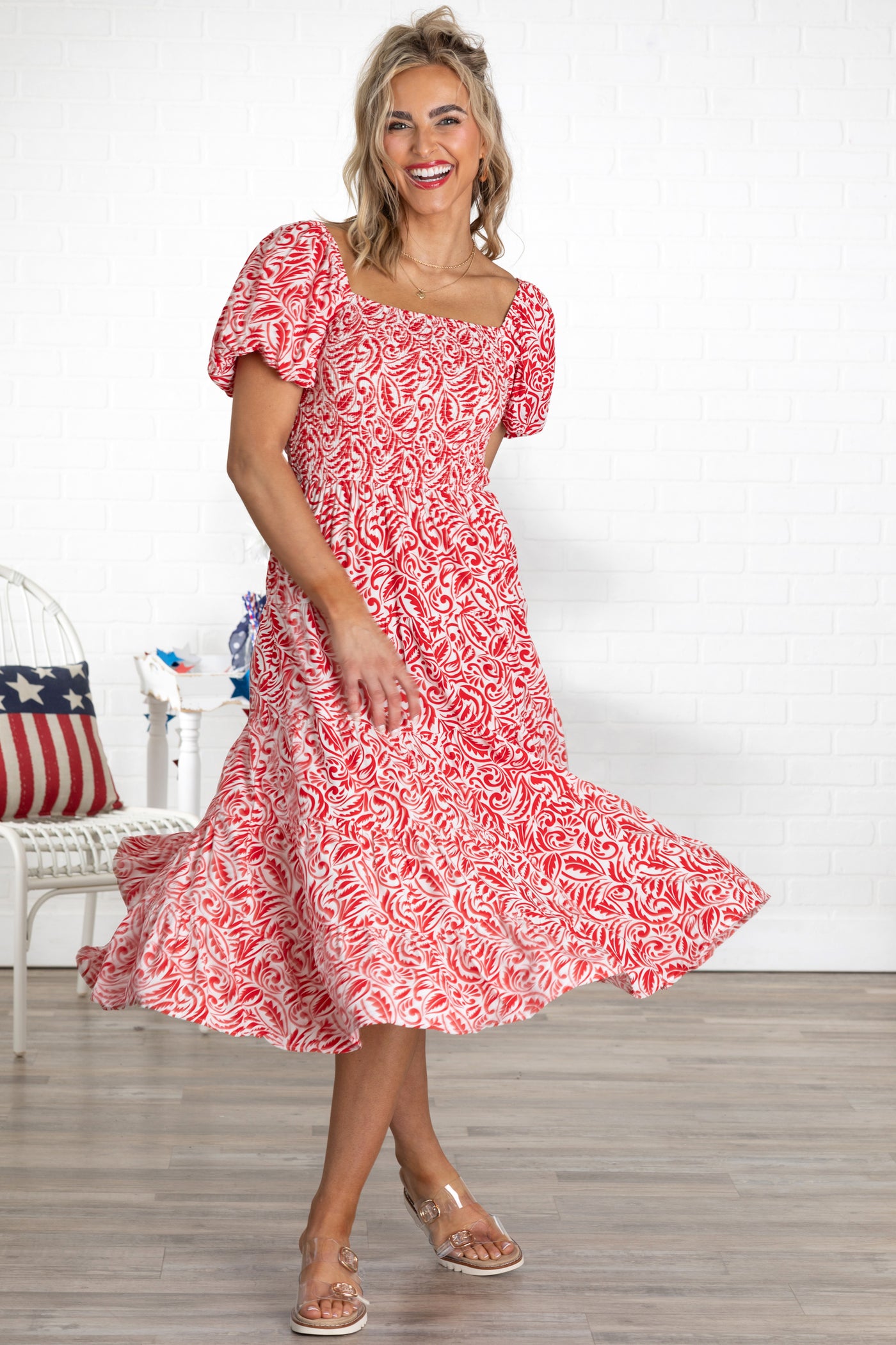 Red Printed Smocked Square Line Midi Dress - S Red Printed Smocked Square Line Midi Dress - S