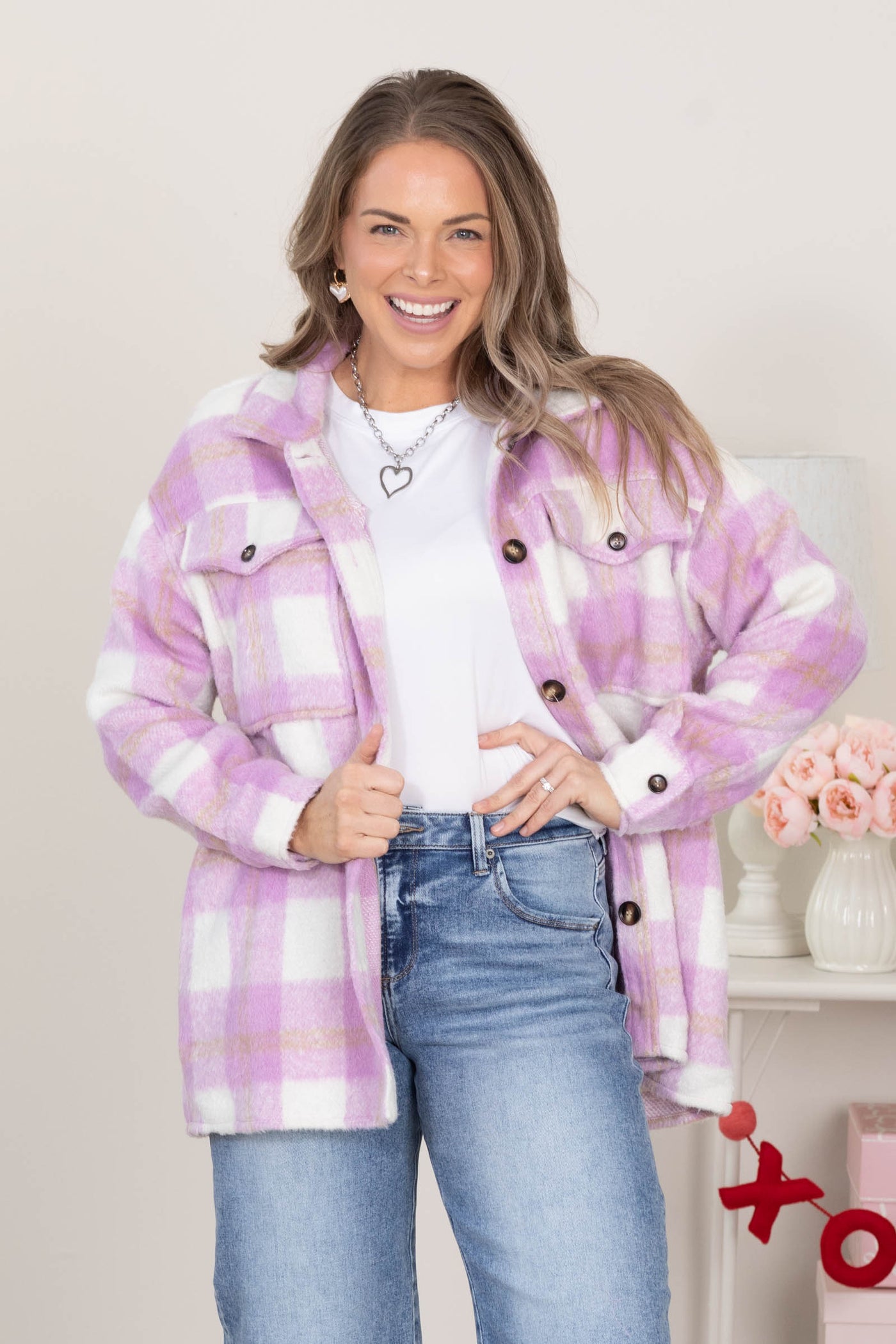 Lilac Plaid Shacket With Front Chest Pockets