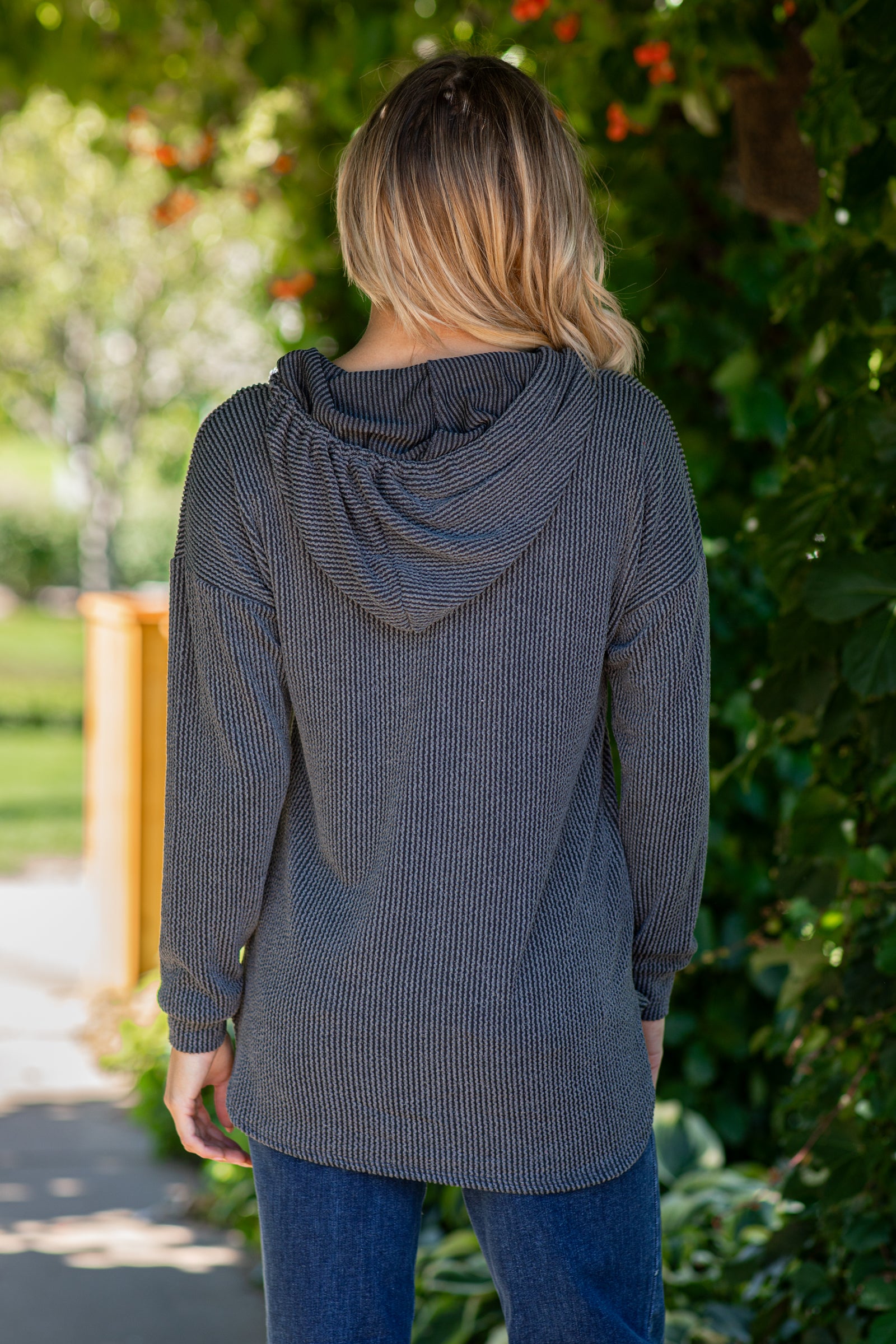 Charcoal Ribbed Hooded Top