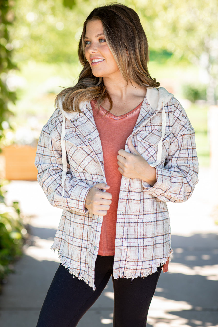 Beige and Cream Hooded Plaid Shacket