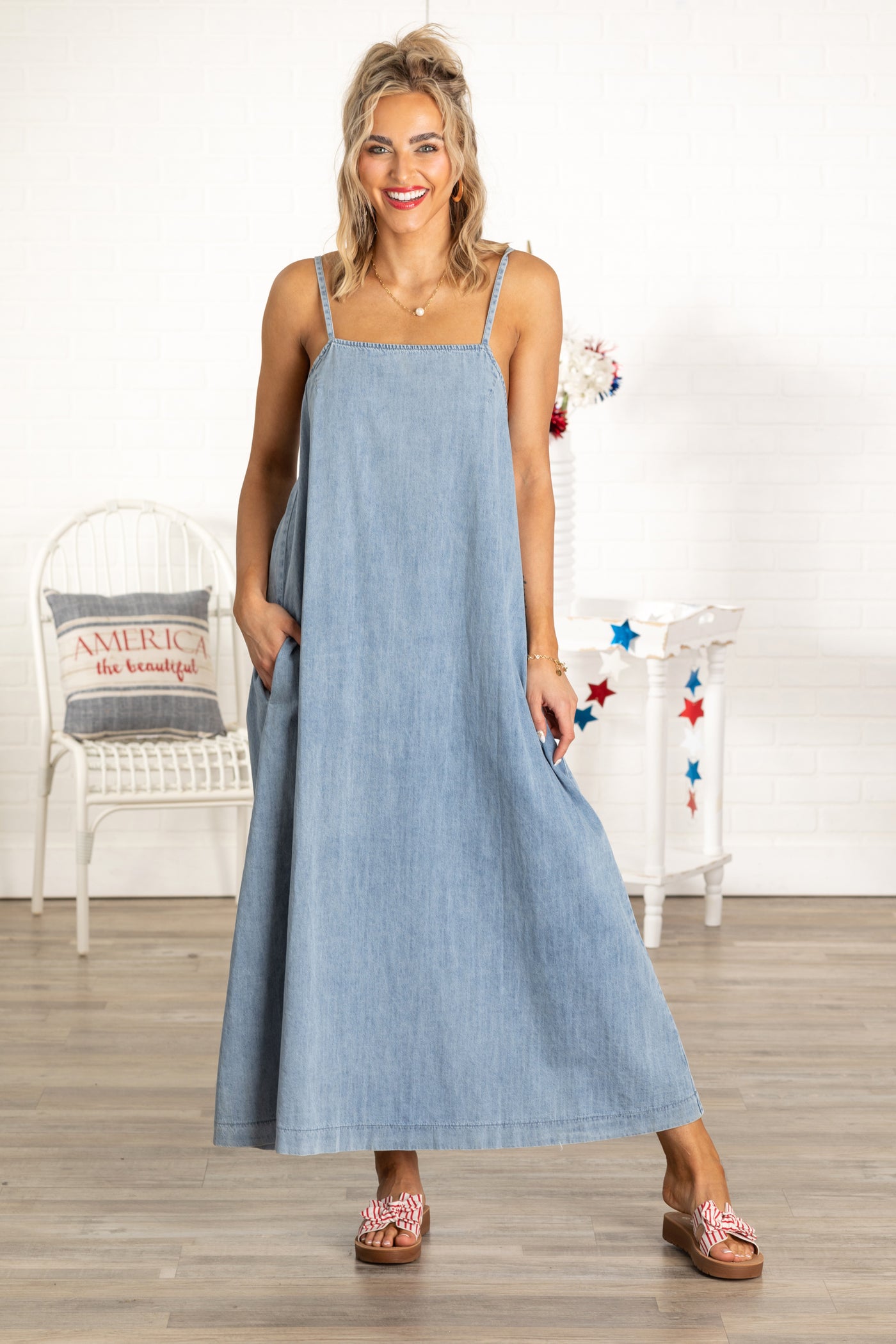 a line denim maxi dress A Line Denim Maxi Dress