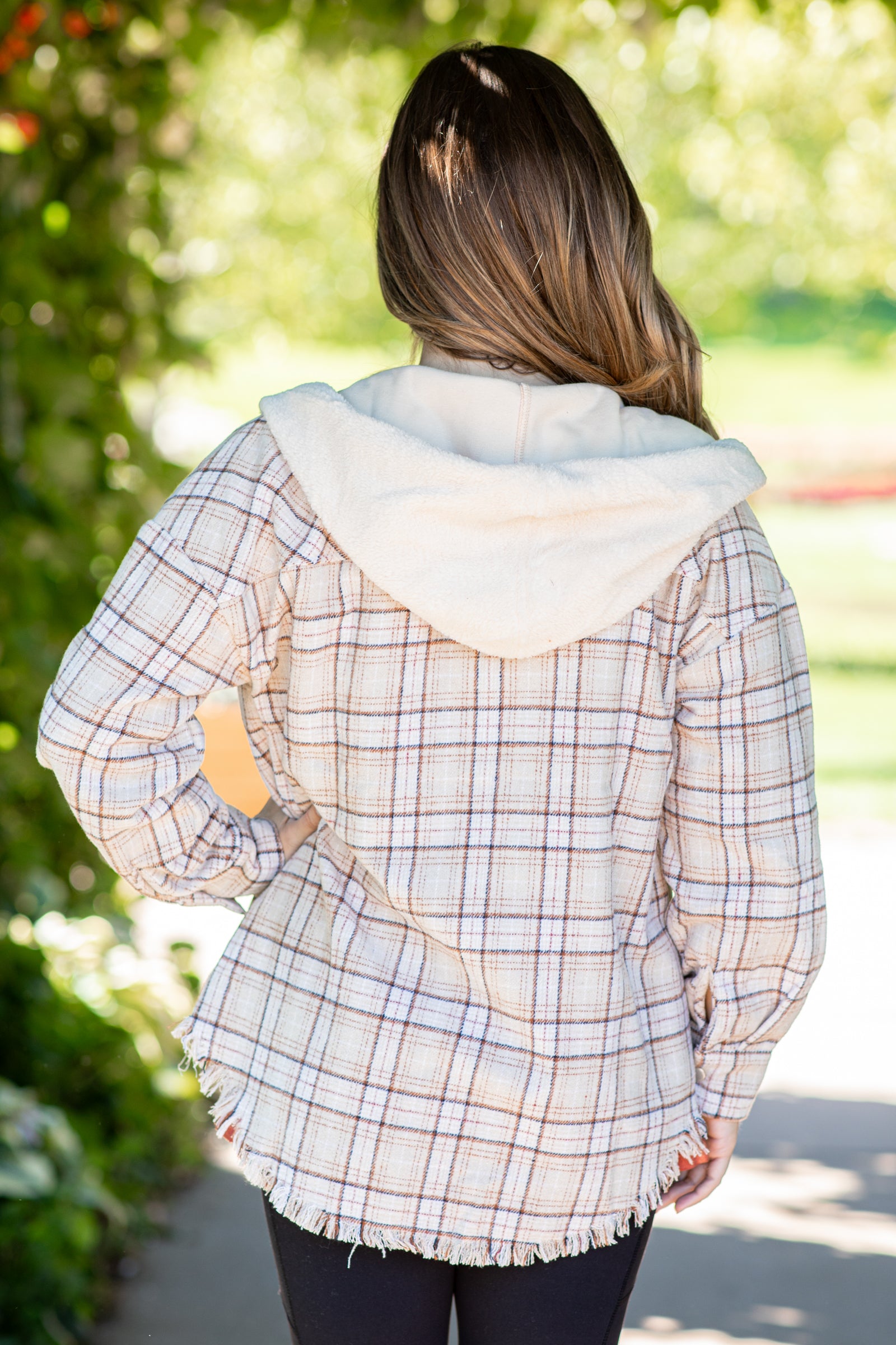 Beige and Cream Hooded Plaid Shacket