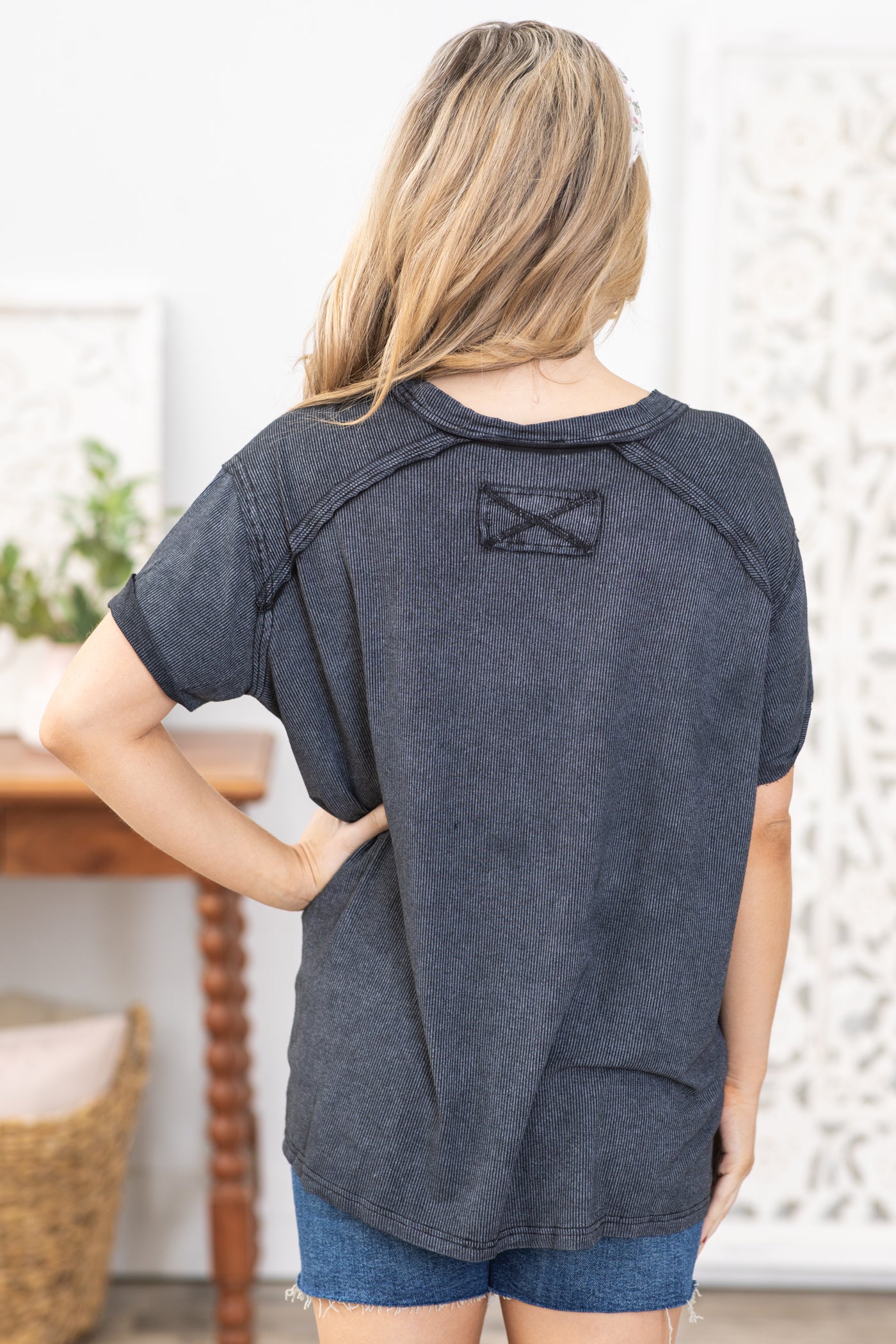 Charcoal Washed Ribbed Raglan Sleeve Top
