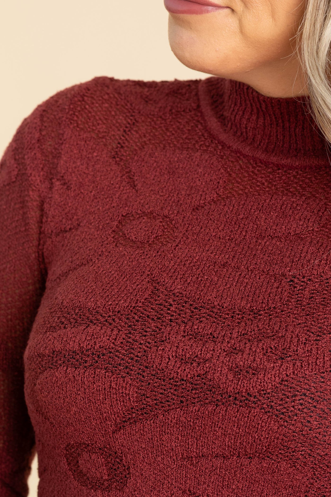 Burgundy Floral Textured Mock Neck Knit Sweater