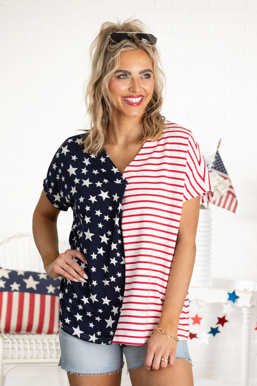 Star And Stripe V-Neck Knit Top