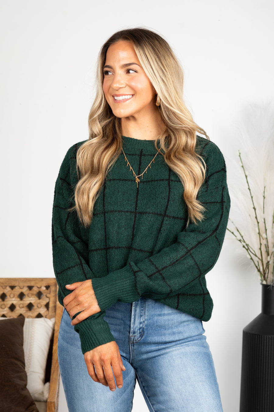Hunter Green Grid Print Sweater