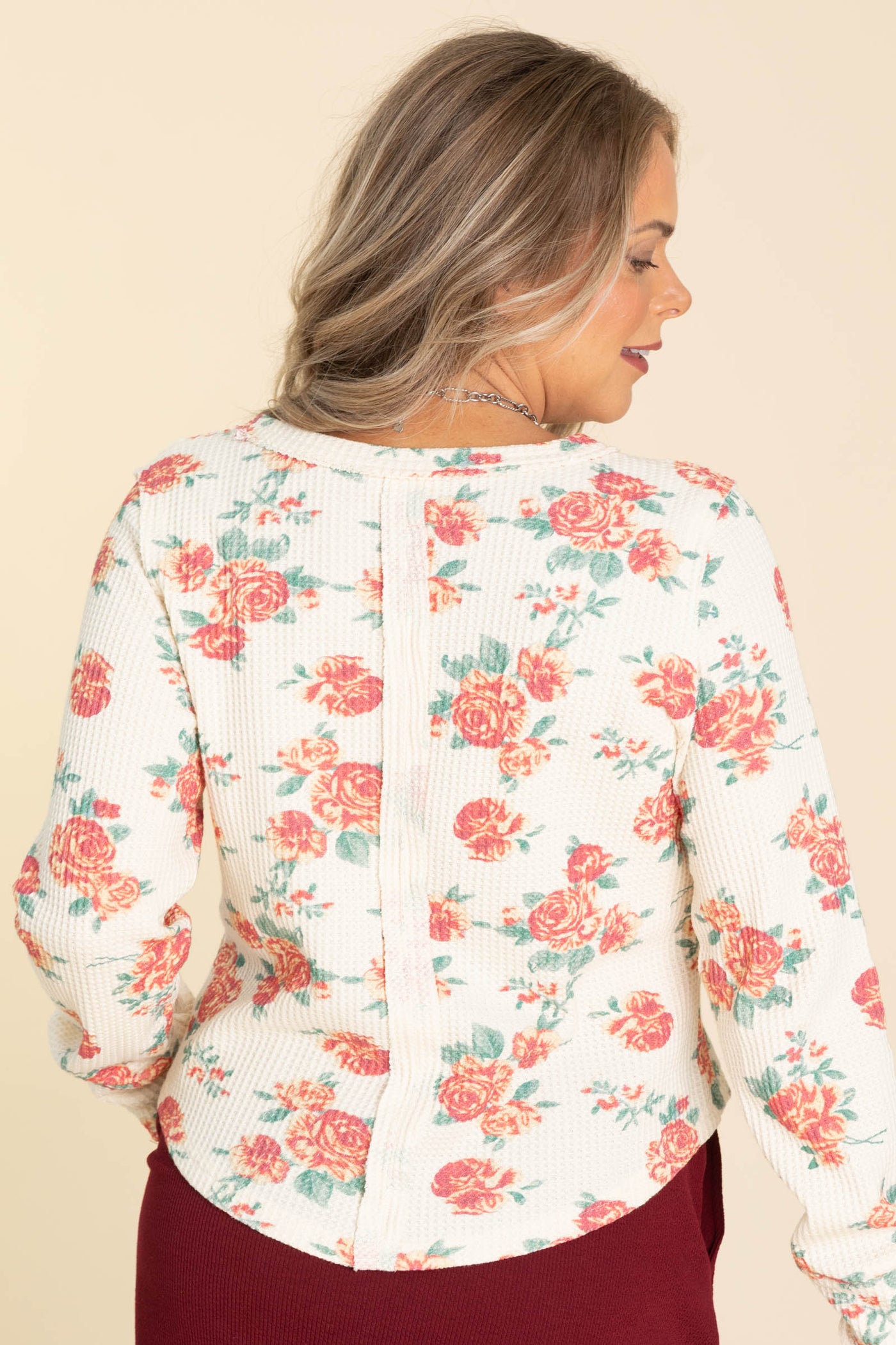 Cream Floral Washed Waffle Thermal Knit Top