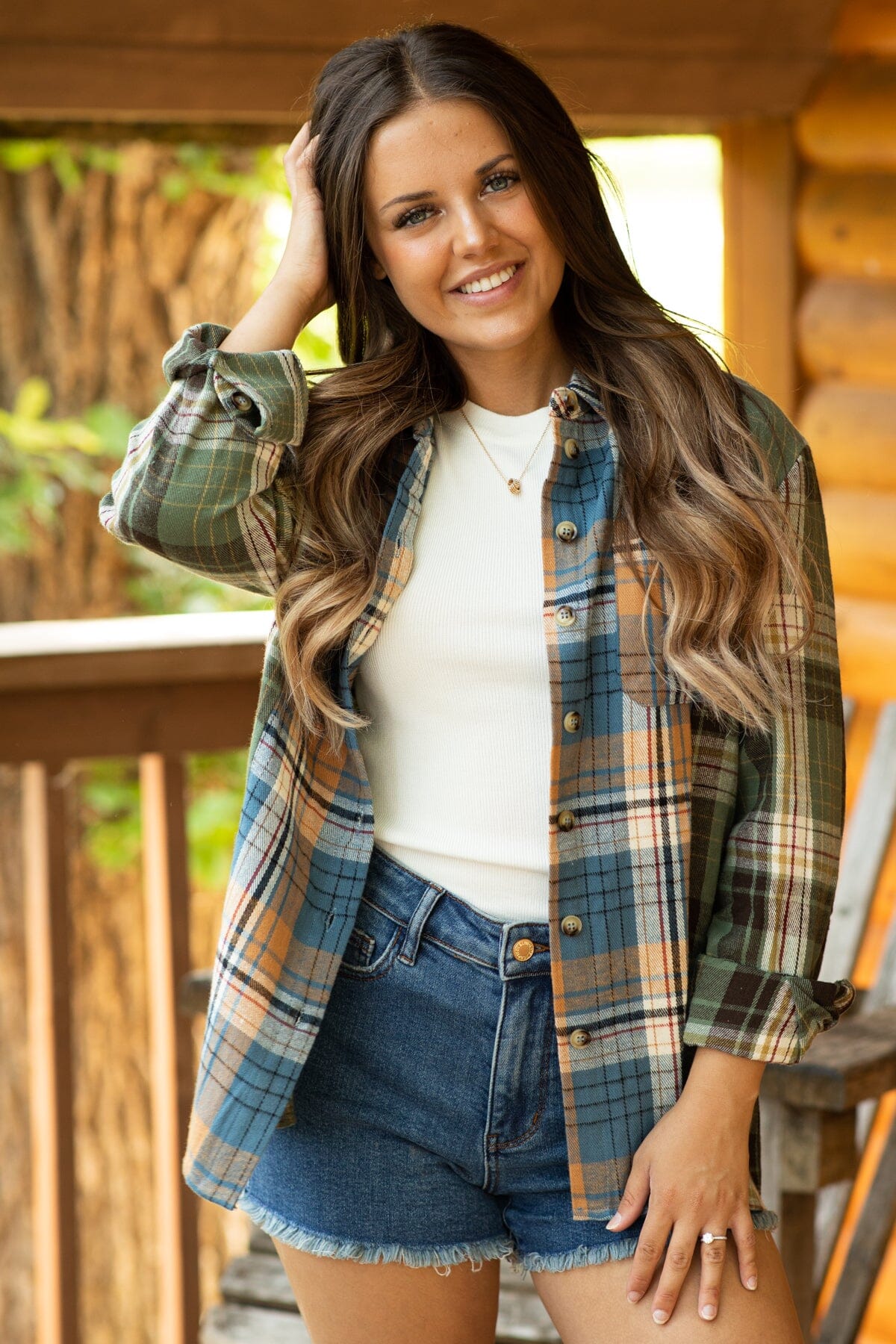 Green and Blue Multicolor Plaid Button Up Top - Filly Flair