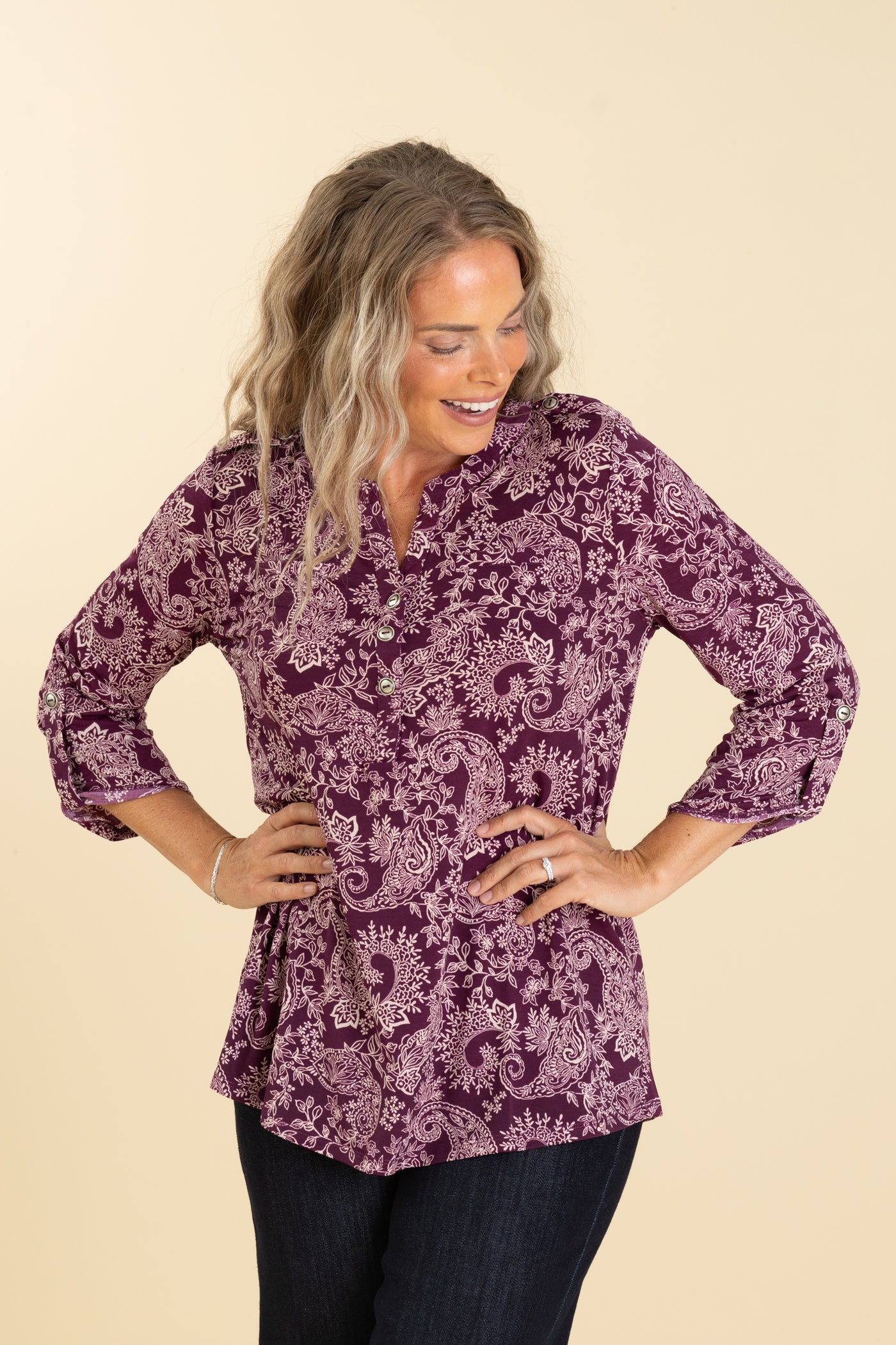 Berry Printed Button Liz Wrinkle Free Top