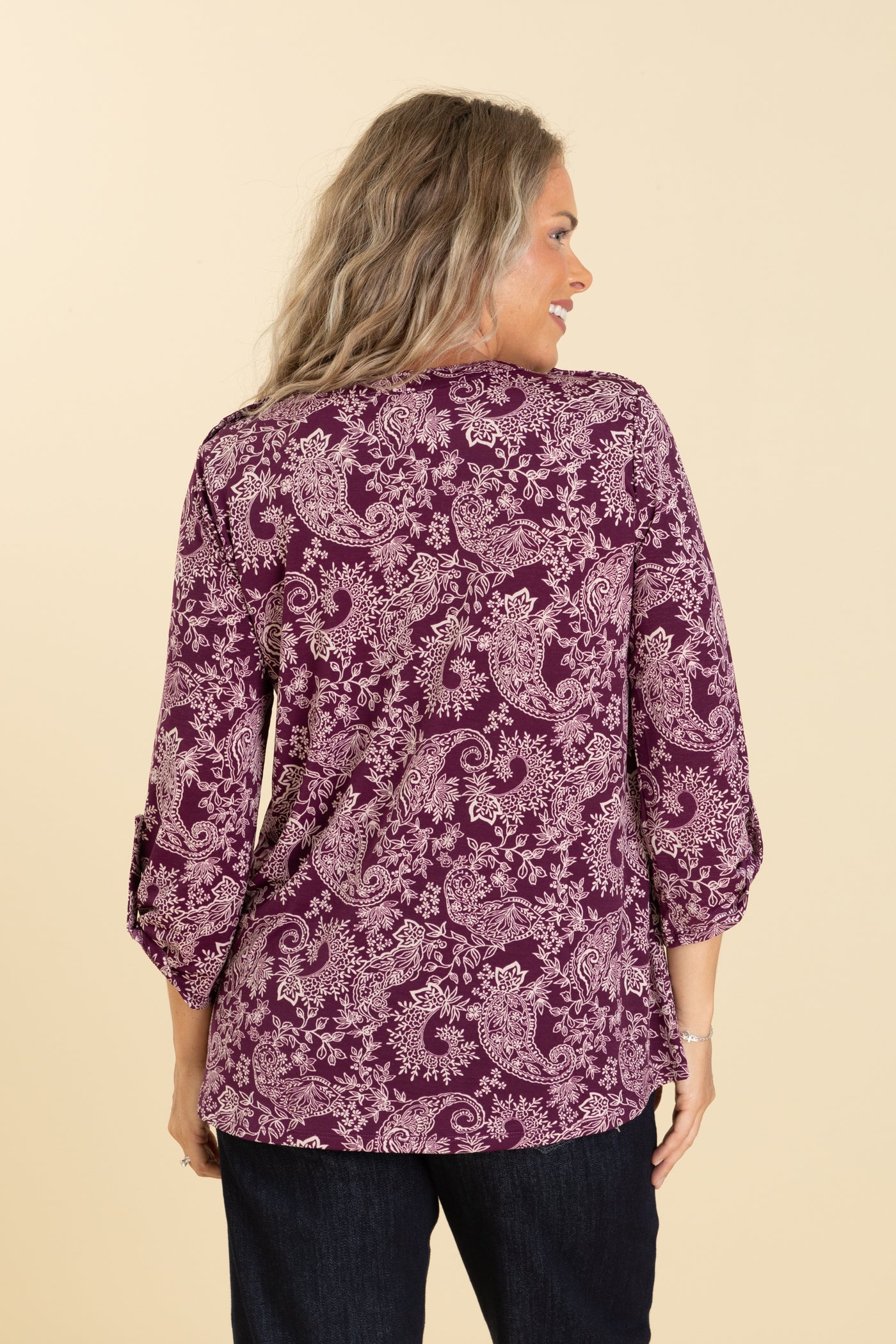 Berry Printed Button Liz Wrinkle Free Top