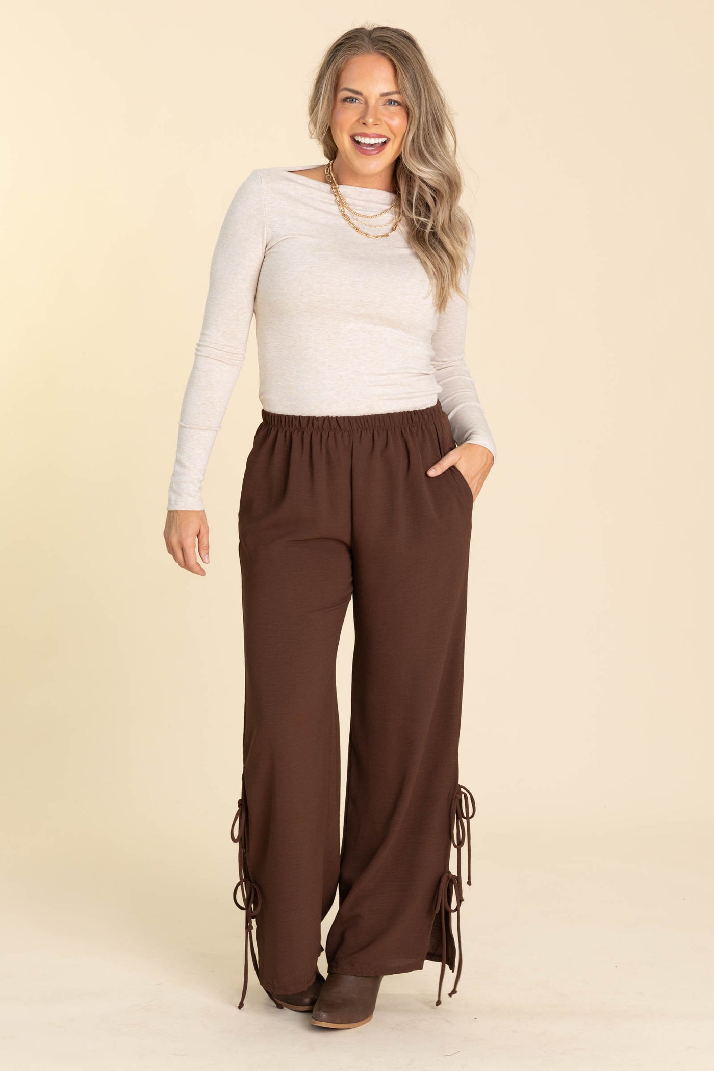 Elastic Waist Wide Leg Pants With Side Ties
