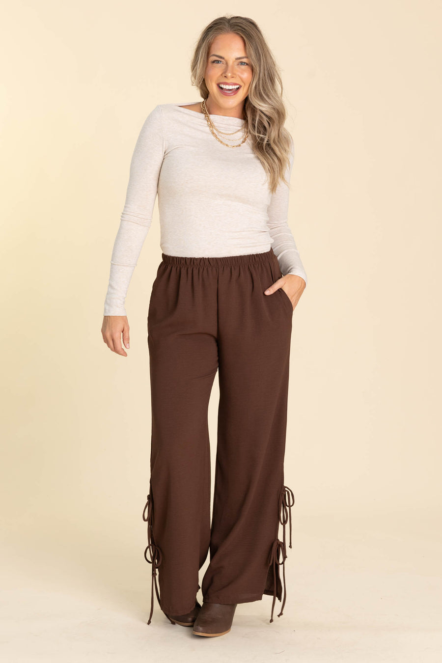 Elastic Waist Wide Leg Pants With Side Ties