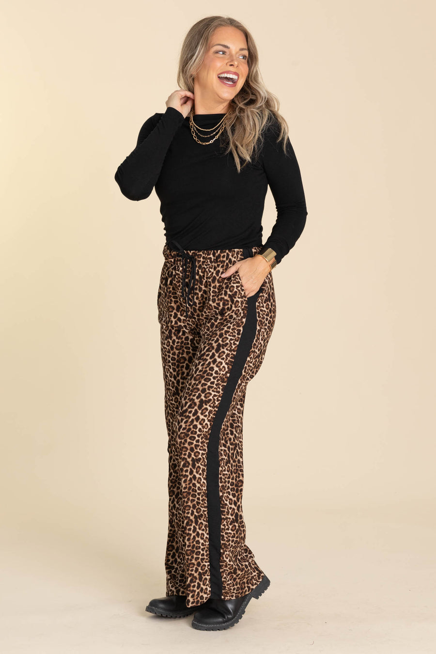 Brown Leopard Drawstring Wide Leg Pants