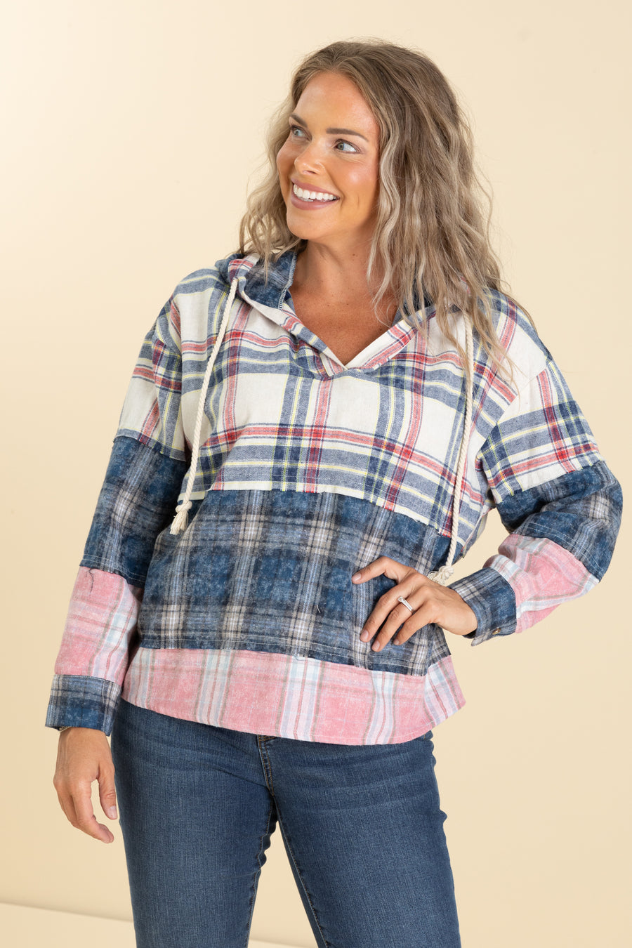 Cream And Navy Plaid Combo V-Neck Hoodie