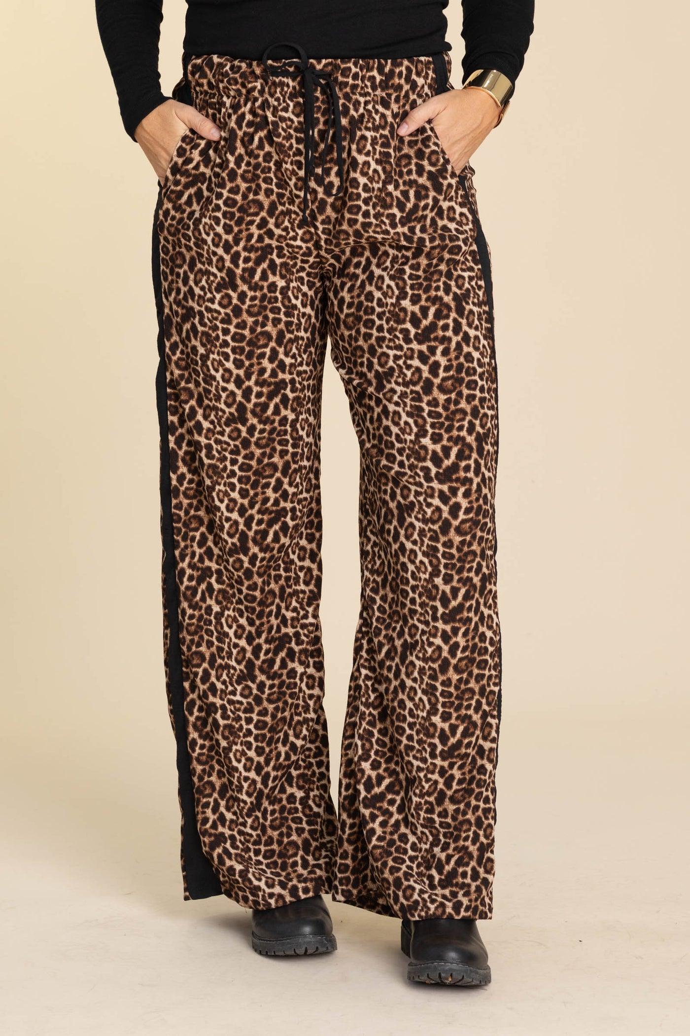 Brown Leopard Drawstring Wide Leg Pants