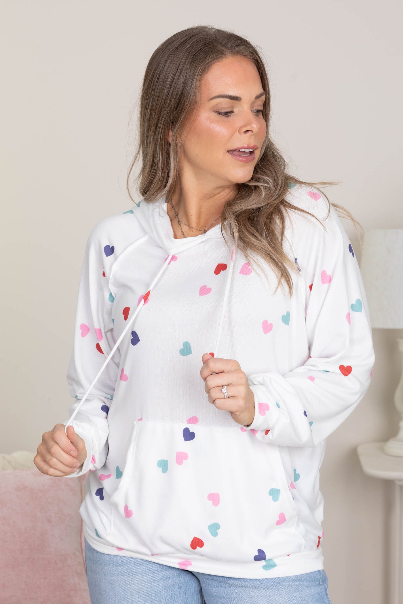 White Heart Print Hoodie Knit Top