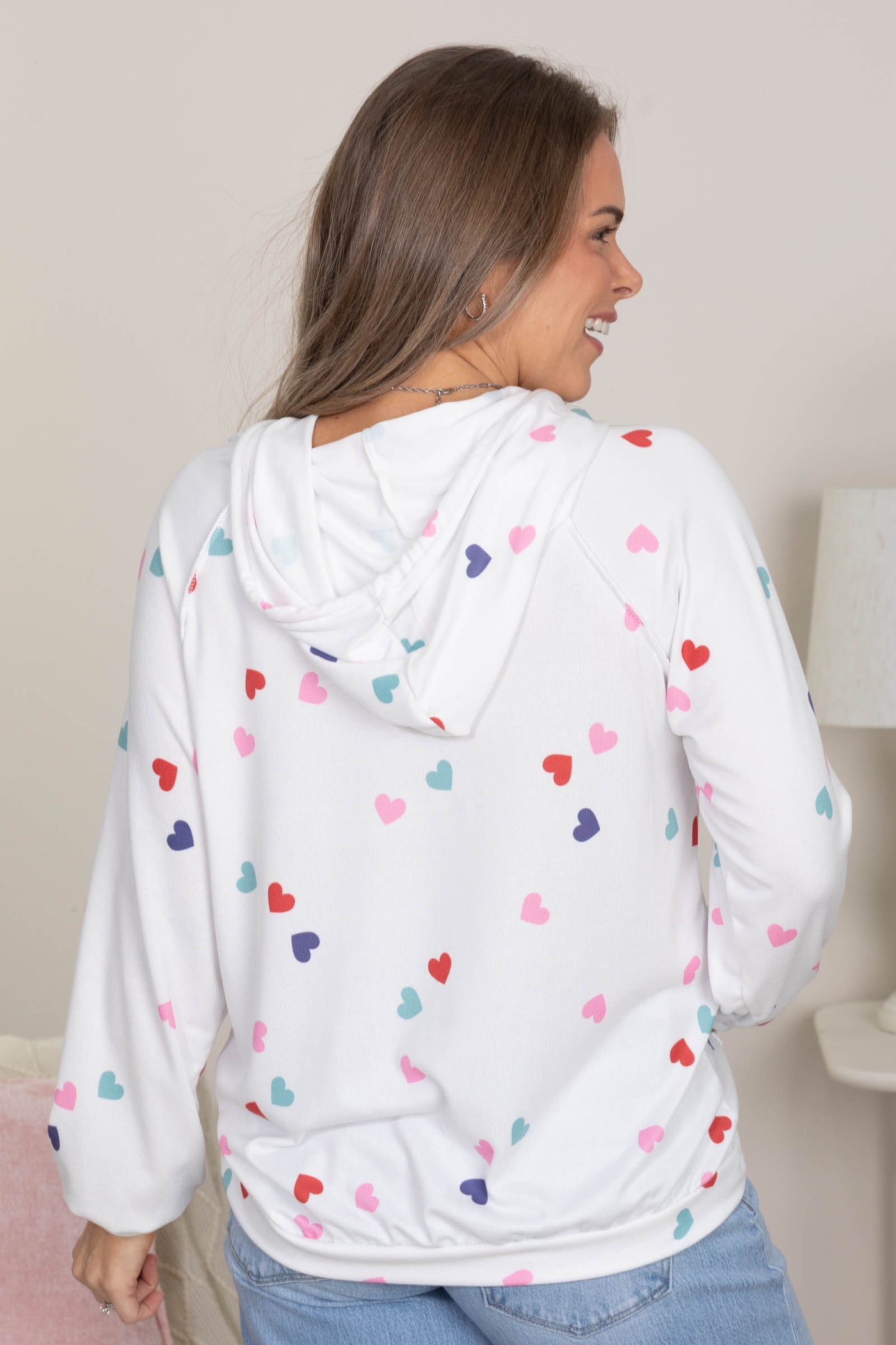 White Heart Print Hoodie Knit Top