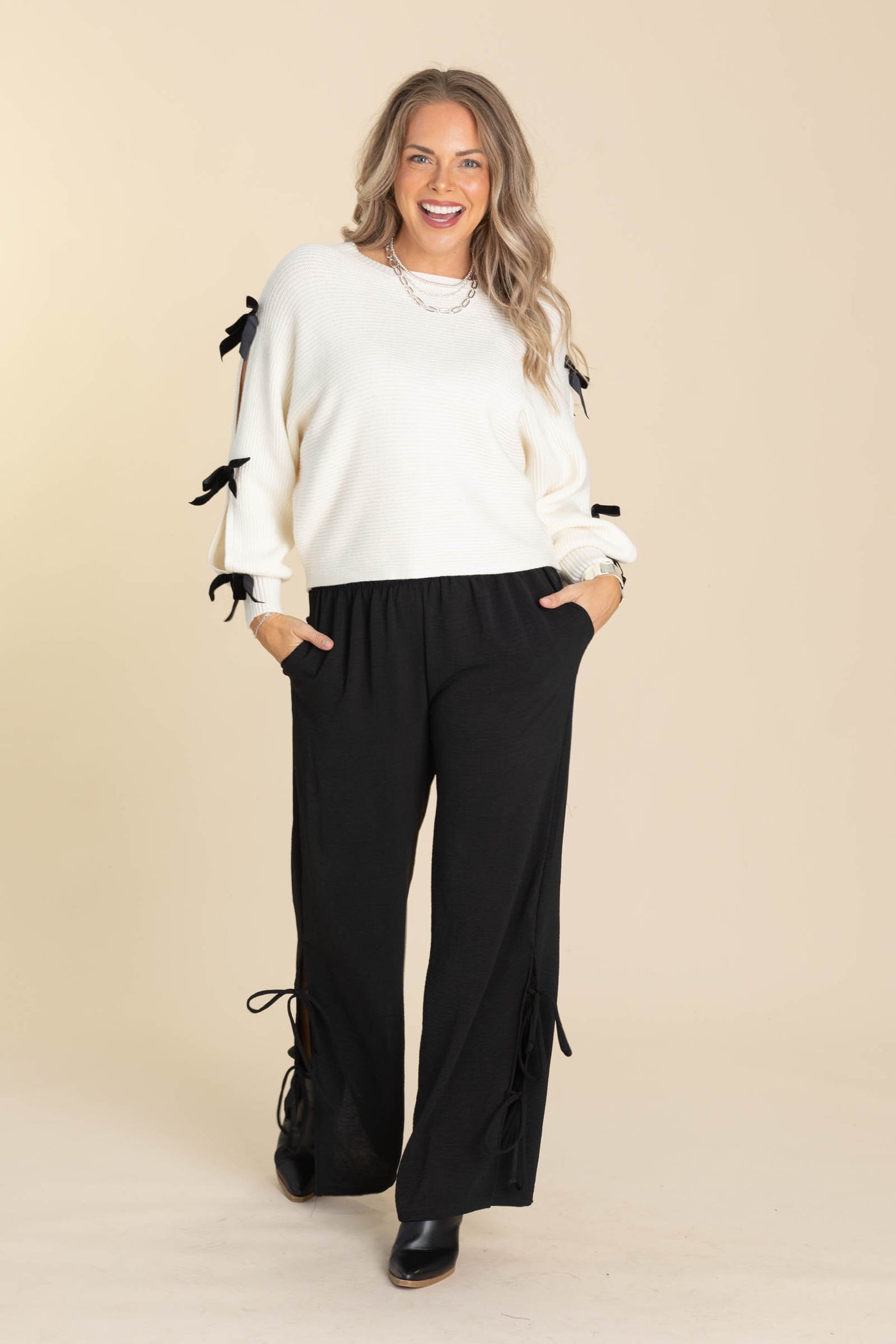 Elastic Waist Wide Leg Pants With Side Ties