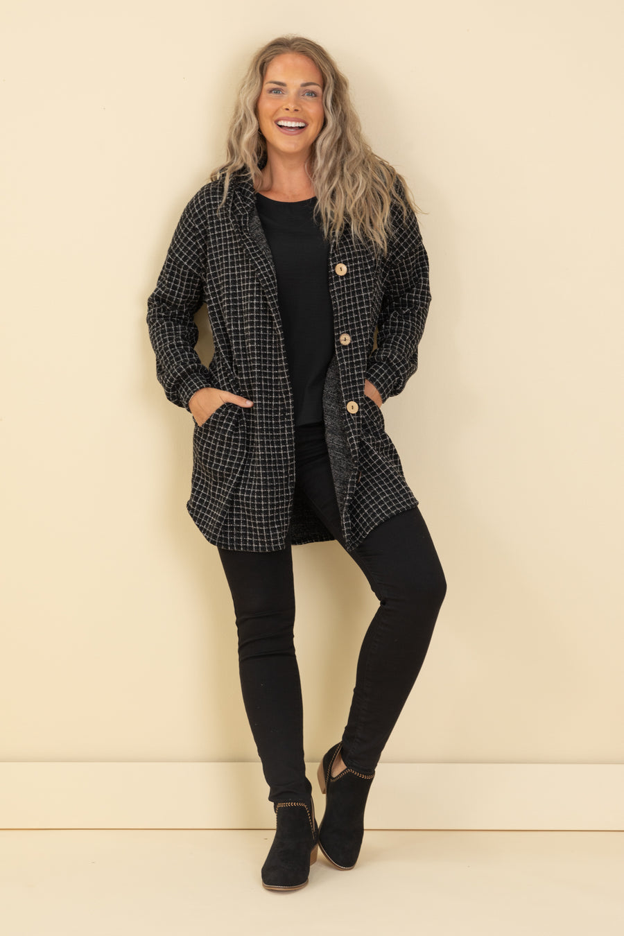 Black Plaid Button Hoodie Cardigan