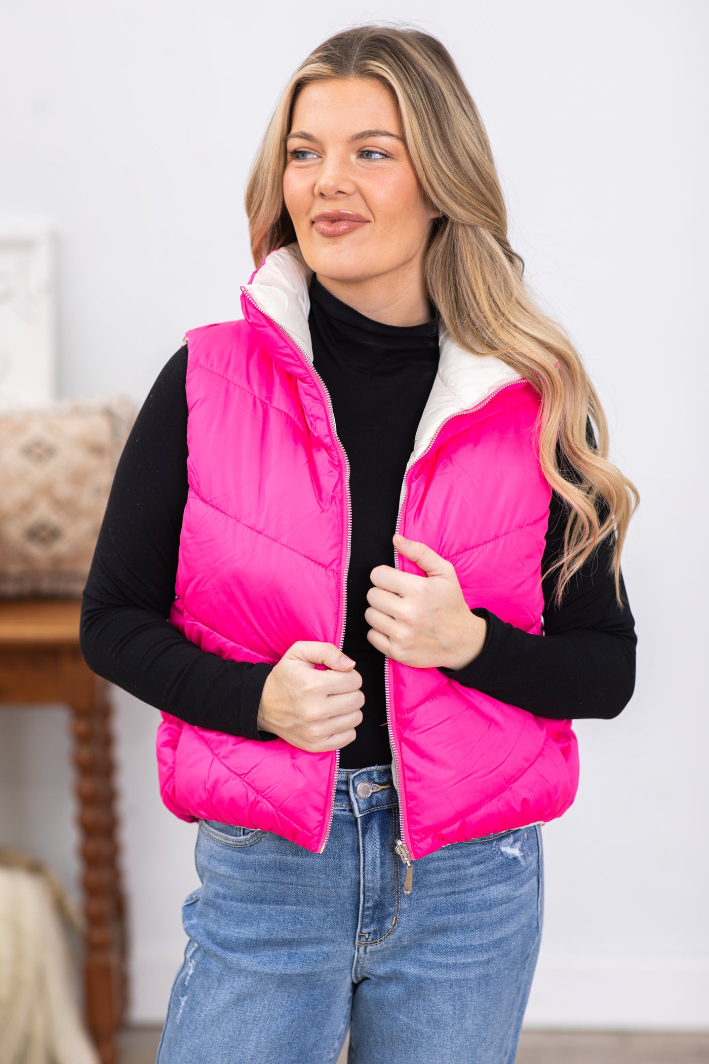Hot Pink and Light Beige Reversible Vest