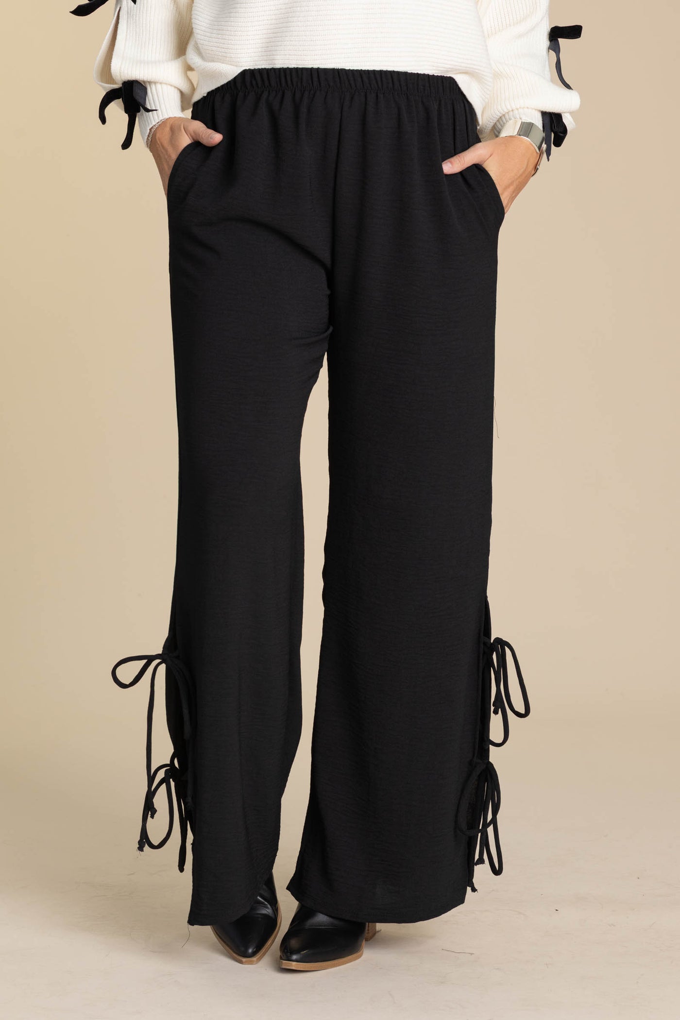 Elastic Waist Wide Leg Pants With Side Ties